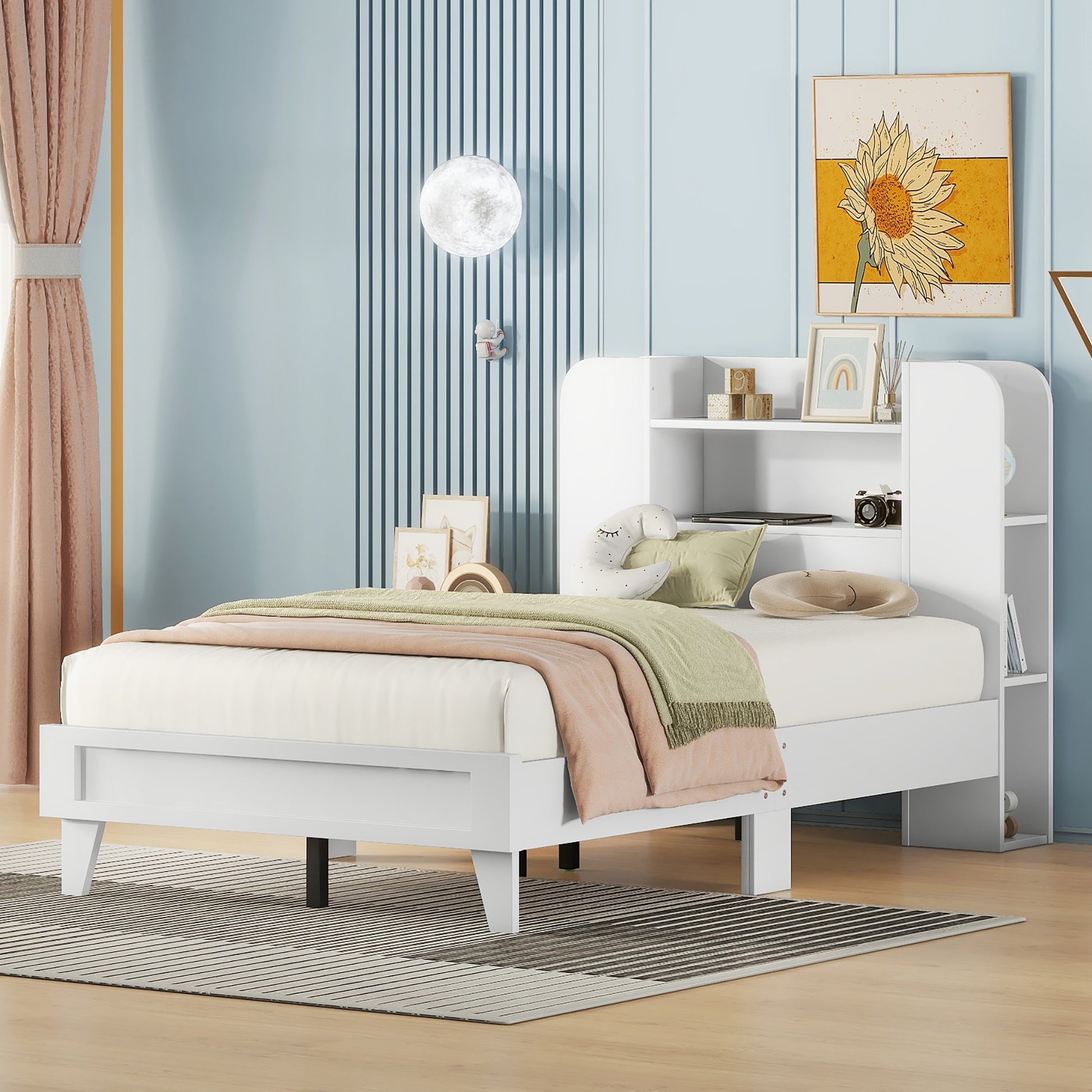 Twin Size Platform Bed With Storage Headboard,Multiple Storage Shelves On Both Sides,White White Wood