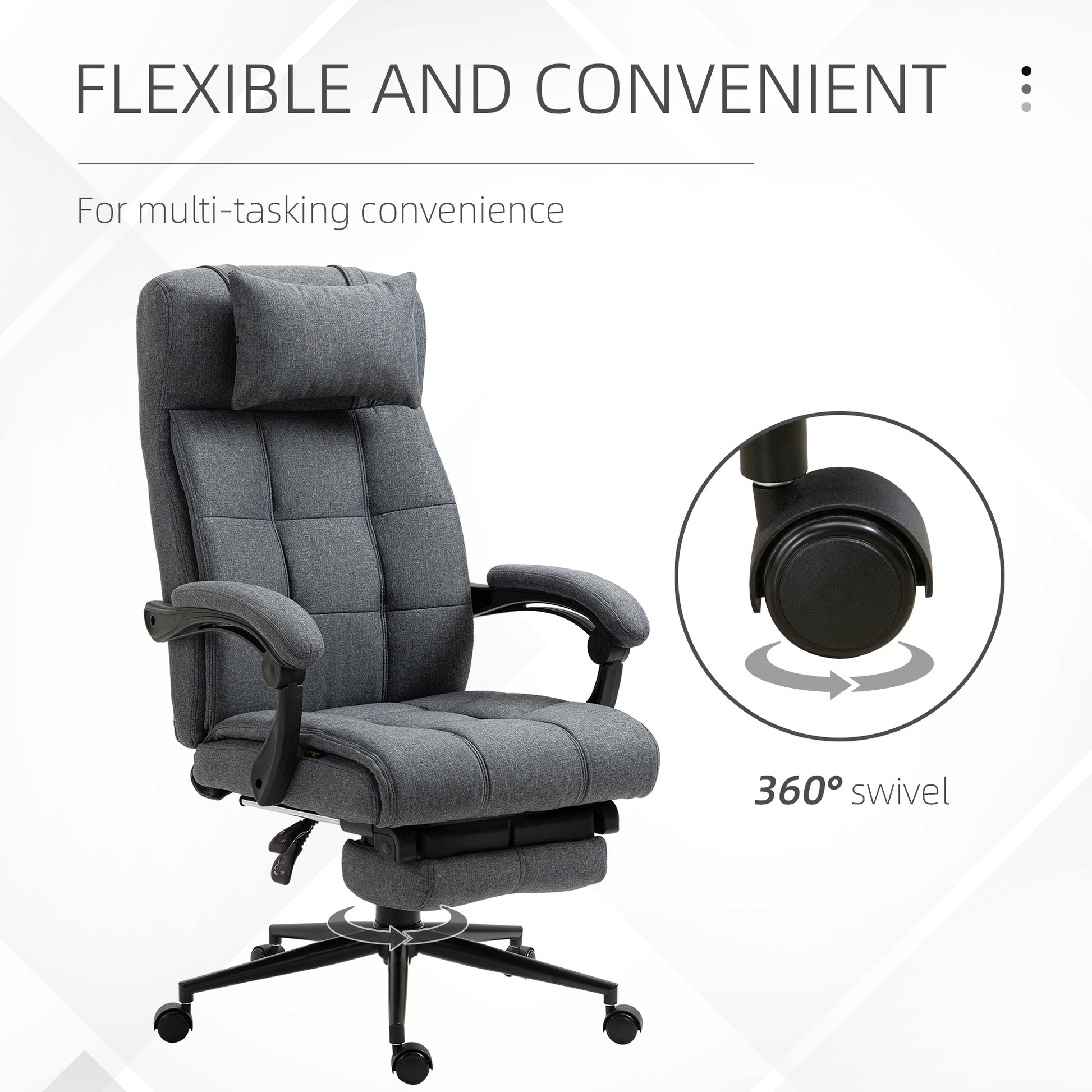 Executive Linen Feel Fabric Office Chair High Back Swivel Task Chair With Adjustable Height Upholstered Retractable Footrest, Headrest And Padded Armrest, Dark Grey Dark Grey Polyvinyl Chloride