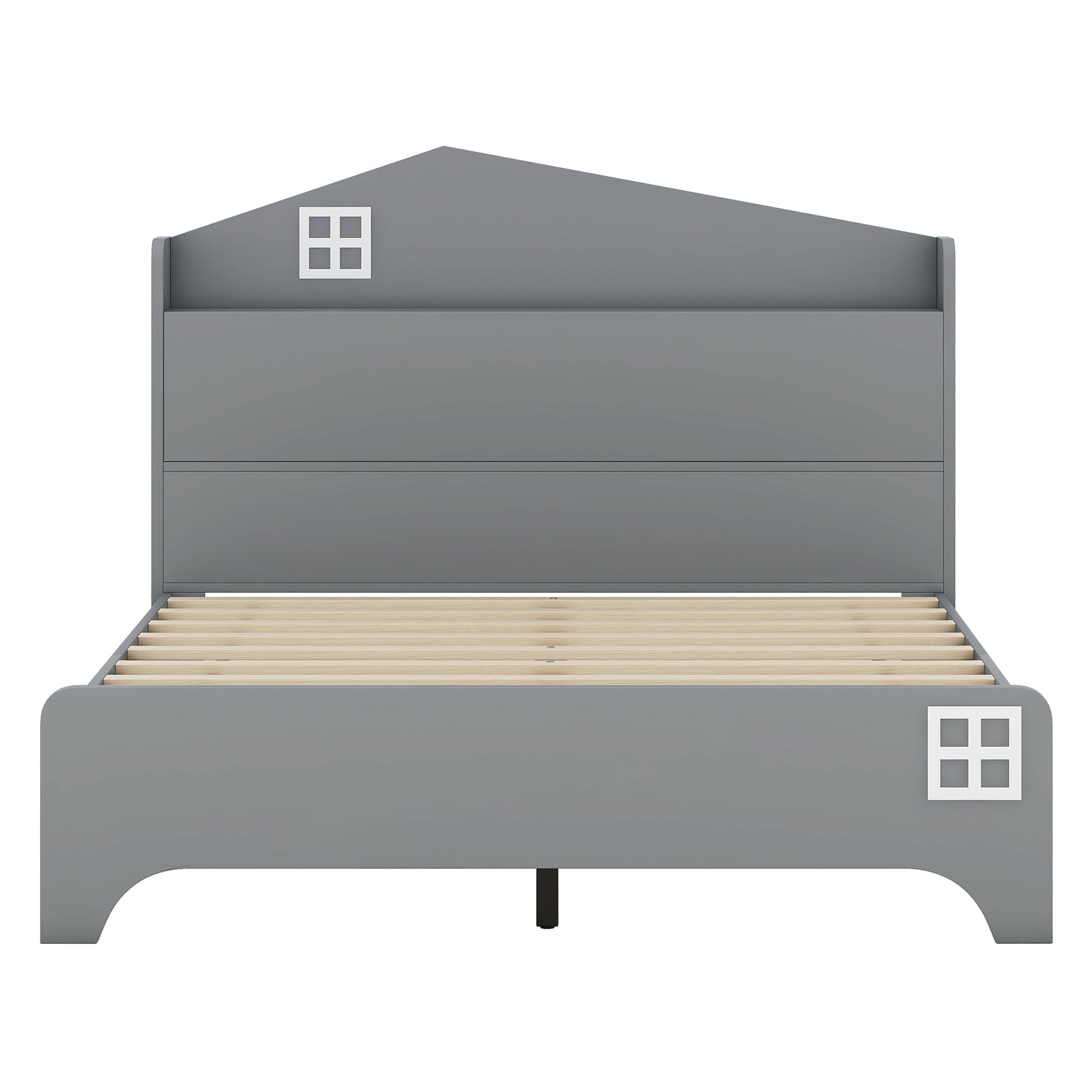 Wooden Full Size House Bed With Storage Headboard ,Kids Bed With Storage Shelf,Grey Grey Wood