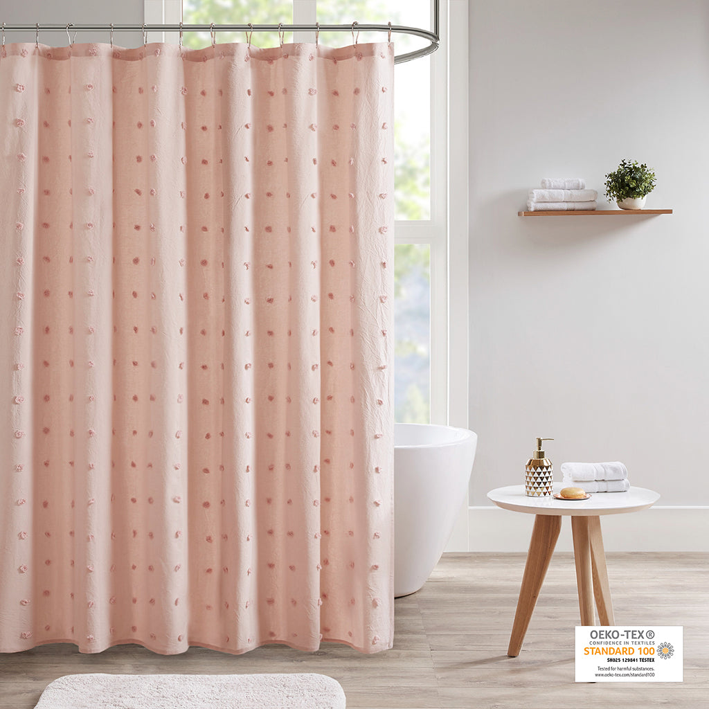 Brooklyn Cotton Jacquard Pom Pom Shower Curtain Pink Cotton