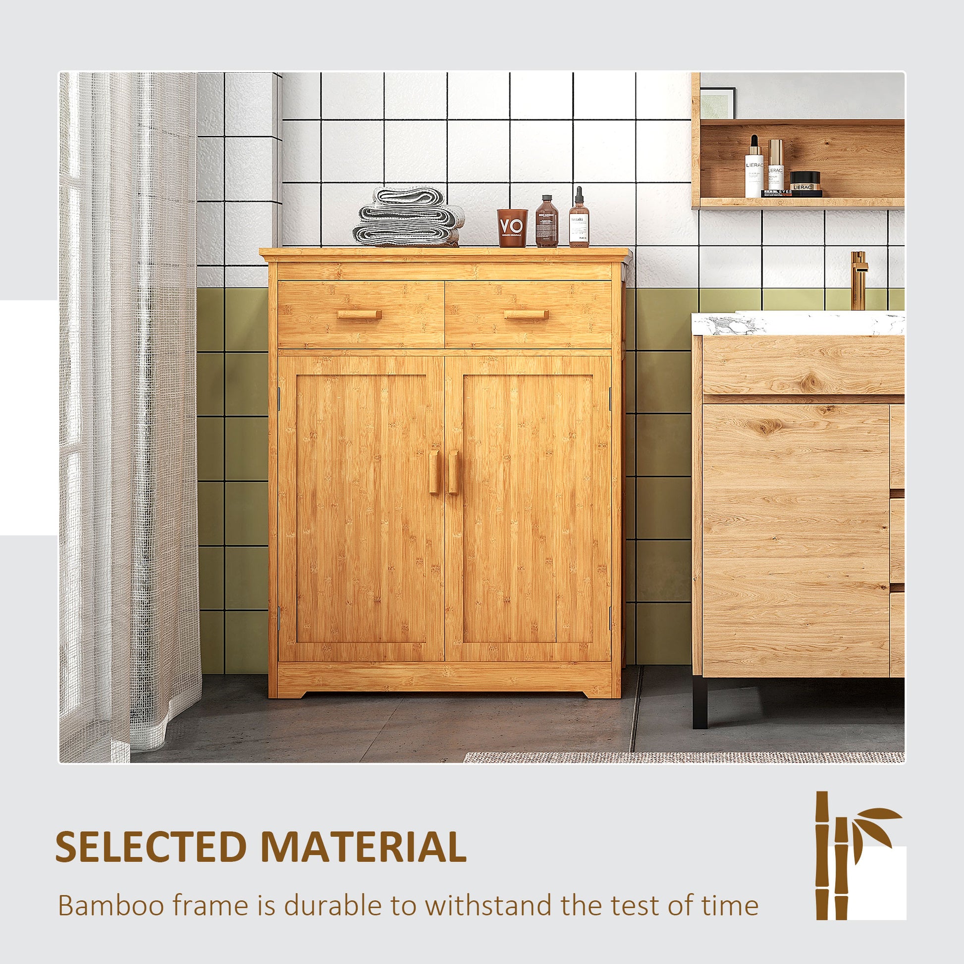 Bathroom Storage Cabinet, Bamboo Floor Cabinet With Drawers, Double Doors And Adjustable Shelves, Natural Natural Wood Bamboo