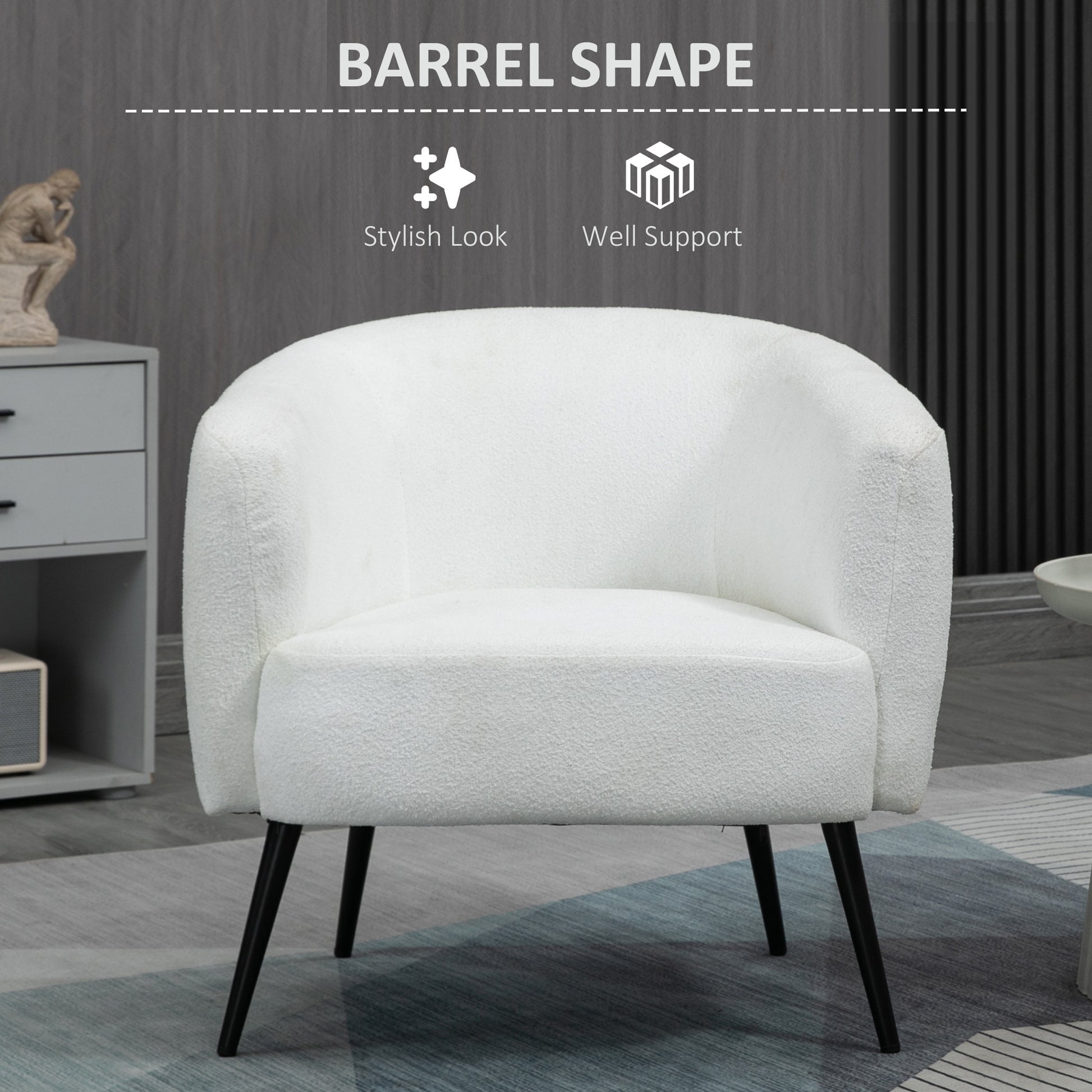 Teddy Fleece Fabric Accent Chair, Mid Century Modern Barrel Armchair With Metal Legs And Soft Padding, Upholstered Single Sofa Side Chair For Living Room, Cream Cream White Foam