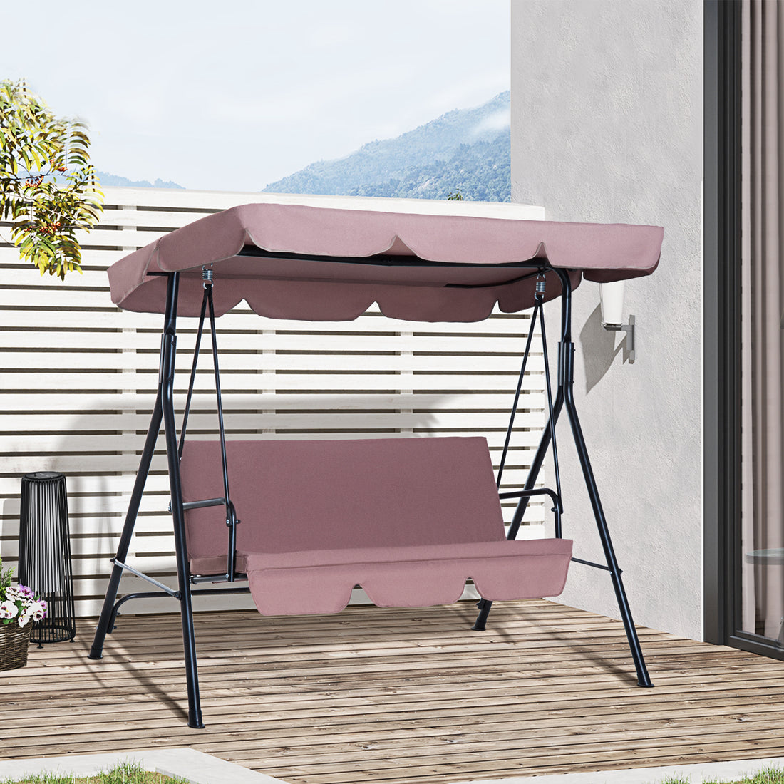 3 Seat Outdoor Patio Swing Chair With Removable Cushion, Steel Frame Stand And Adjustable Tilt Canopy For Patio, Garden, Poolside, Balcony, Backyard, Brown Brown Steel