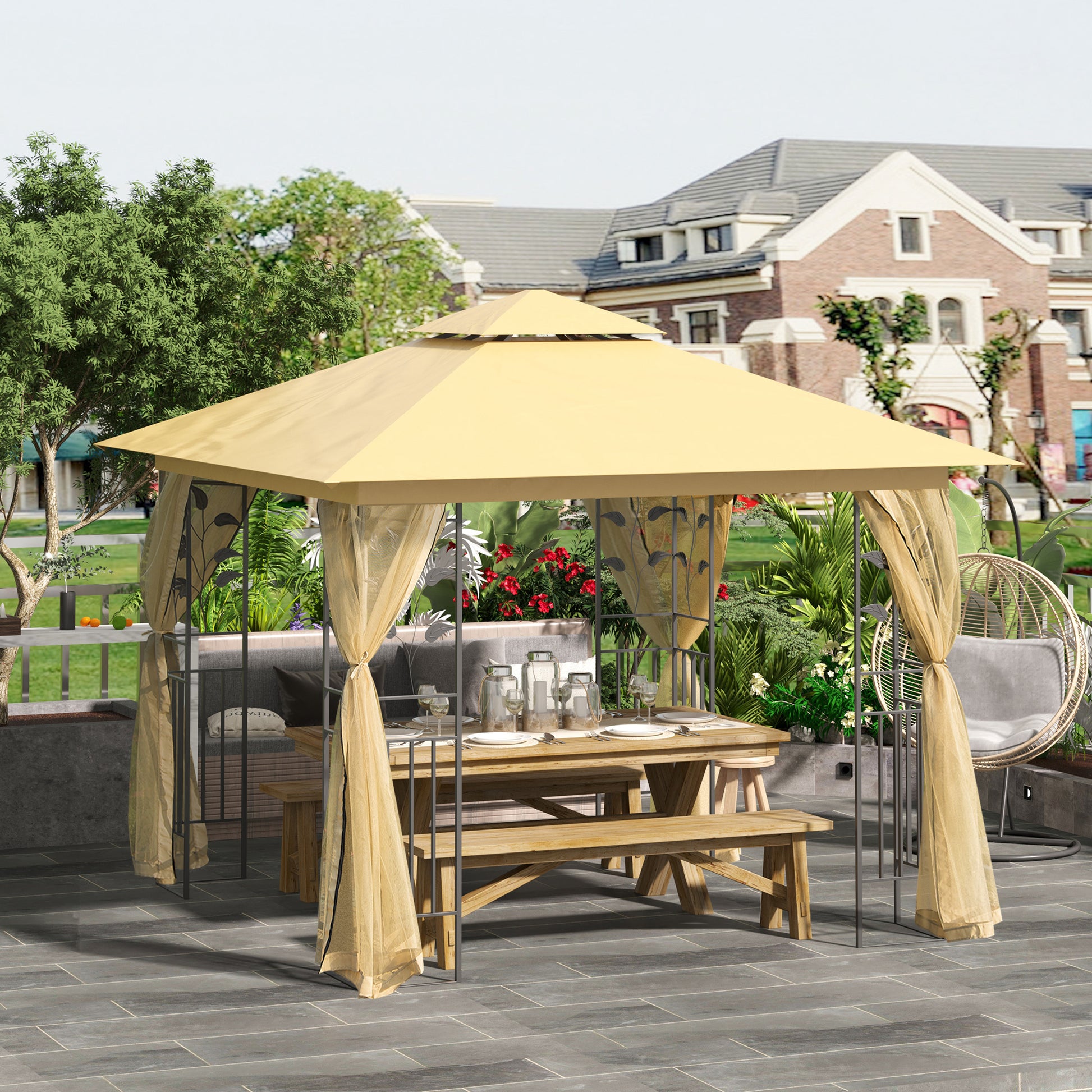 10' X 10' Metal Patio Gazebo, Double Roof Outdoor Gazebo Canopy Shelter With Tree Motifs Corner Frame And Netting, For Garden, Lawn, Backyard, And Deck, Beige Beige Polyester