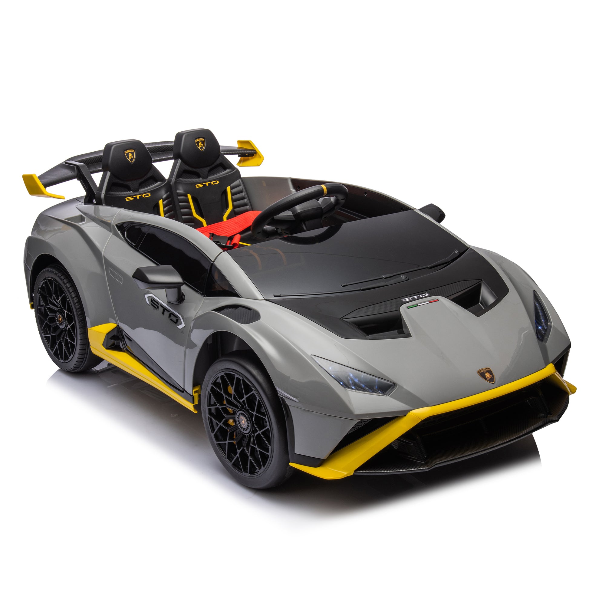 Lamborghini Huracan Sto 24V Kids Electric Ride On Drift Car: Speeds 1.86 5.59 Mph, Ages 3 8, Foam Front Wheels, 360 Spin, Led Lights, Dynamic Music, Early Learning, Usb Port, Drift Feature Gray Polypropylene