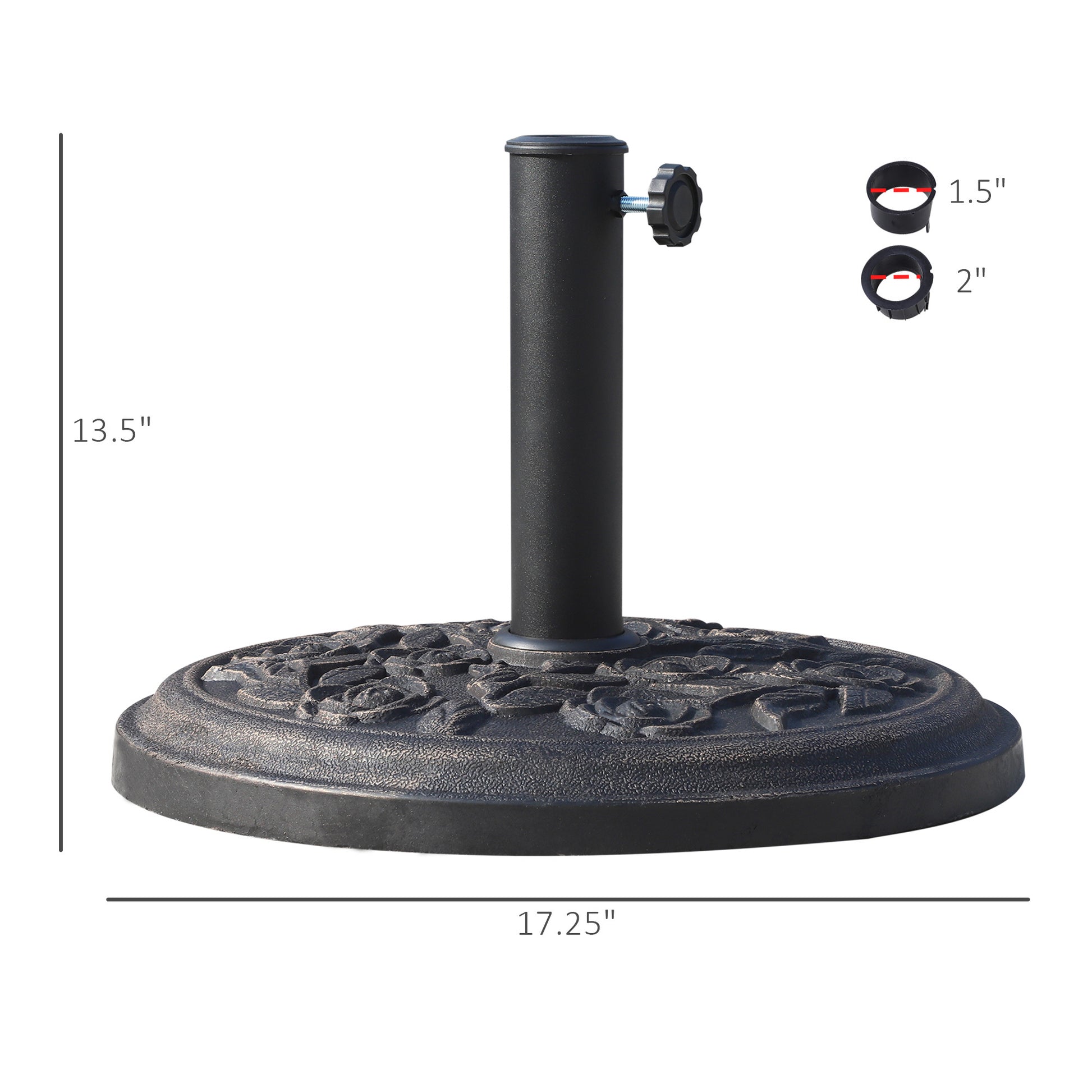 17" 26 Lbs Round Resin Umbrella Base Stand Market Parasol Holder With Beautiful Decorative Pattern & Easy Setup, For 1.5", 1.89" Pole, For Lawn, Deck, Backyard, Garden, Bronze Bronze Stone