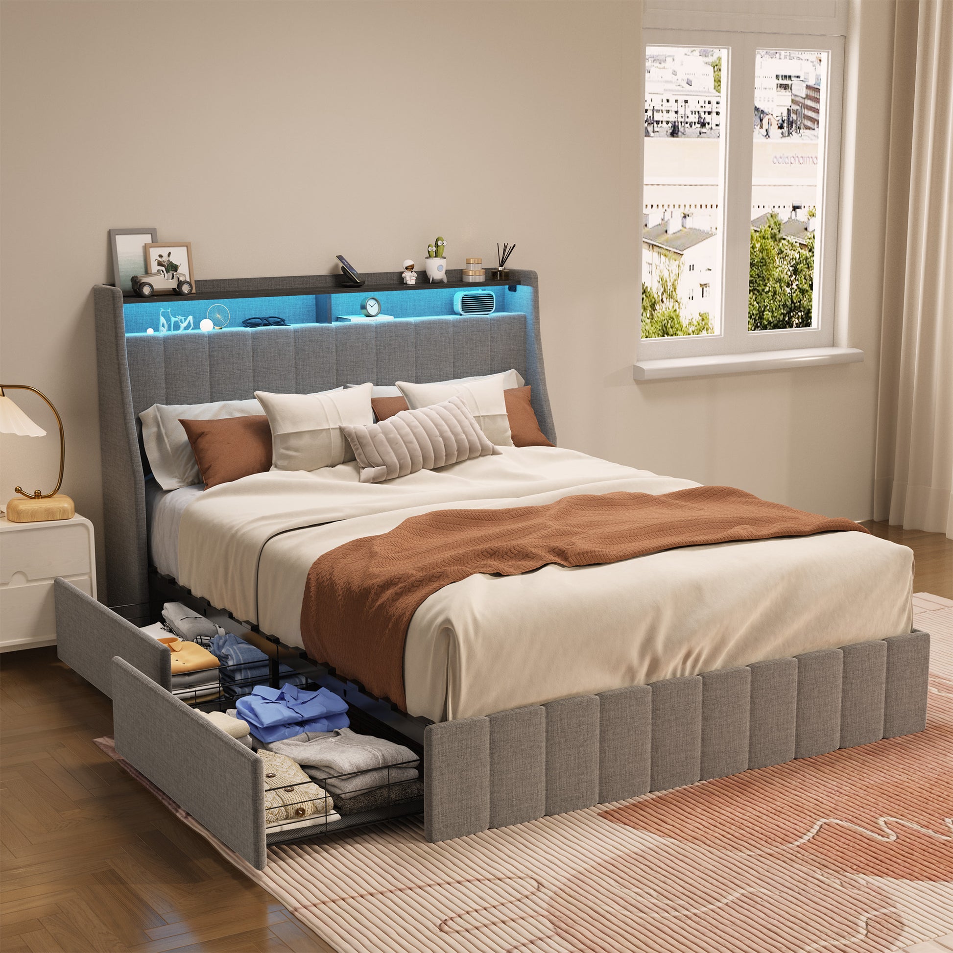 Queen Size Bed Frame With Led, 4 Under Bed Portable Storage Drawers, Wings Headboard Design, Light Grey Box Spring Not Required Queen Light Grey Metal Bedroom Bed Frame Upholstered Linen Upholstered