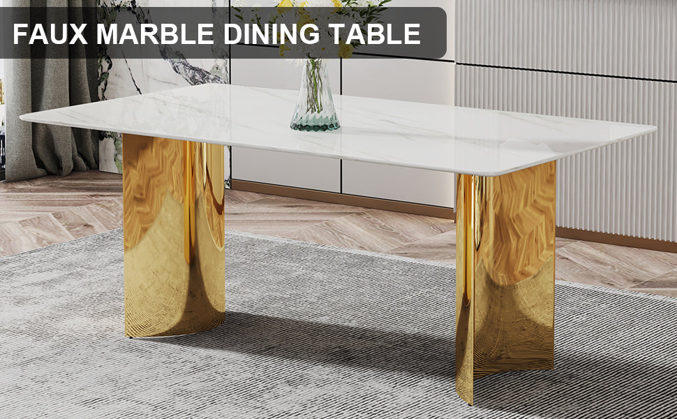 Modern Minimalist Dining Table. The White Imitation Marble Glass Desktop Is Equipped With Golden Metal Legs. Suitable For Restaurants And Living Rooms 71 "* 39.3" * 29.5 "Dt 69 White Glass