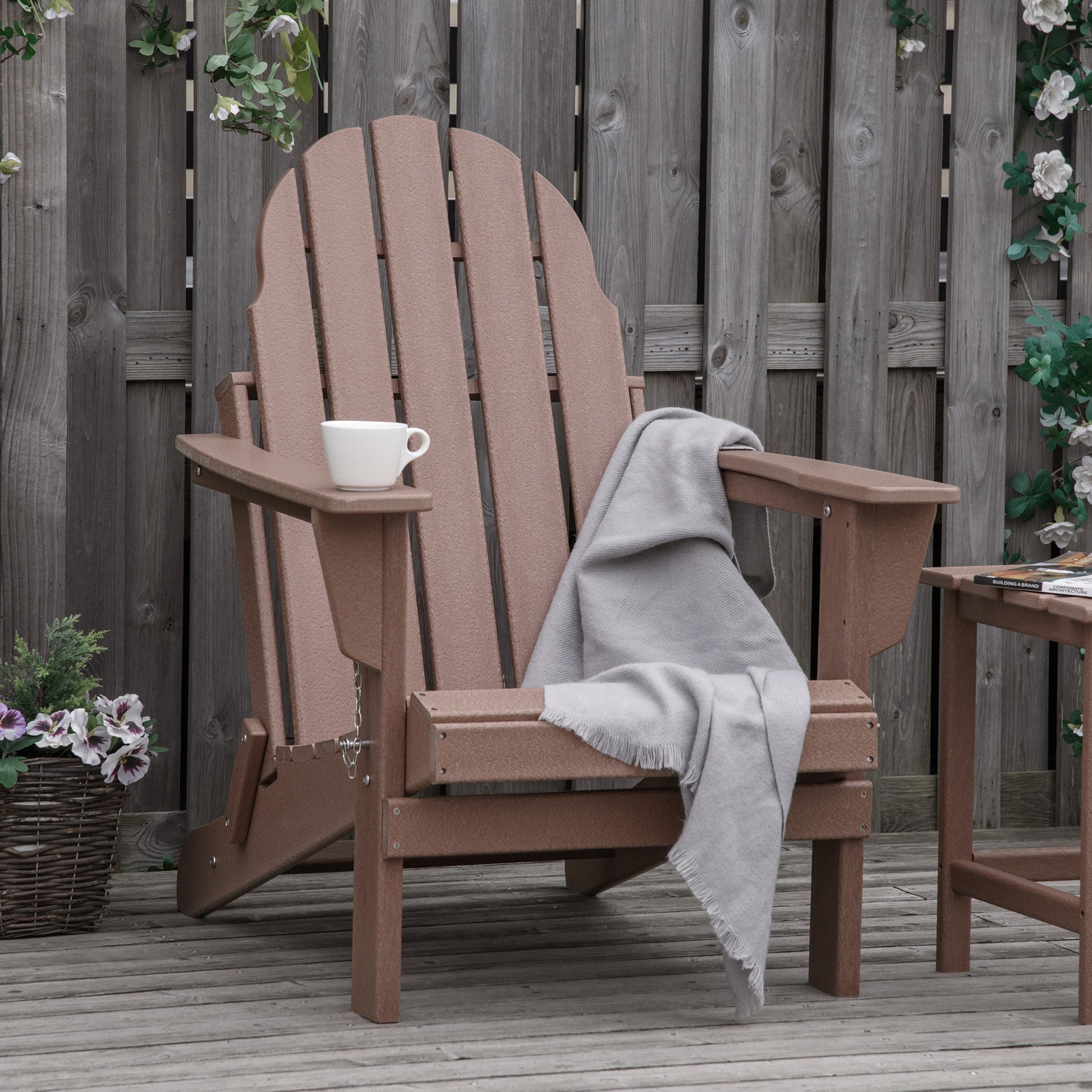Folding Adirondack Chair, Faux Wood Patio & Fire Pit Chair, Weather Resistant Hdpe For Deck, Outside Garden, Porch, Backyard, Brown Brown Polyethylene