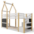 Twin Over Twin House Bunk Bed With White Storage Staircase And 2 Blackboards, White And Natural Box Spring Not Required Twin White Bed Frame Pine