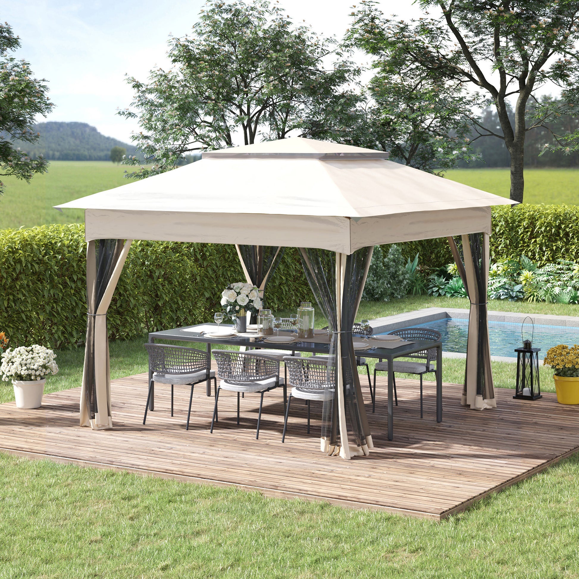 11' X 11' Pop Up Canopy, Outdoor Patio Gazebo Shelter With Removable Zipper Netting, Instant Event Tent With 121 Sq.Ft Shade And Carry Bag For Backyard, Garden, Base 10X10, Beige Beige Metal