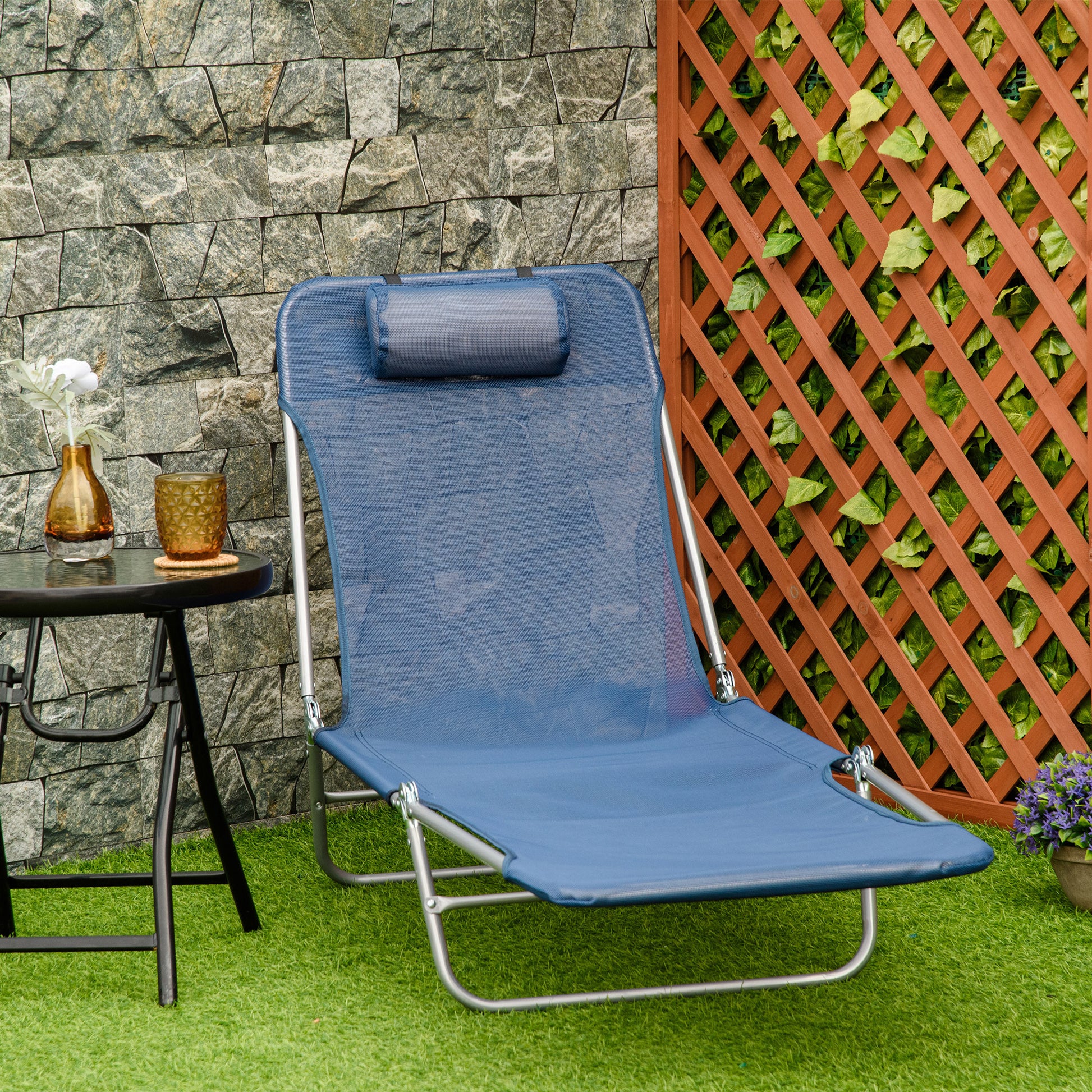 Folding Chaise Lounge Pool Chair, Patio Sun Tanning Chair, Outdoor Lounge Chair With 6 Position Reclining Back,Mesh Seat, And Headrest For Beach, Yard, Patio, Blue Blue Steel