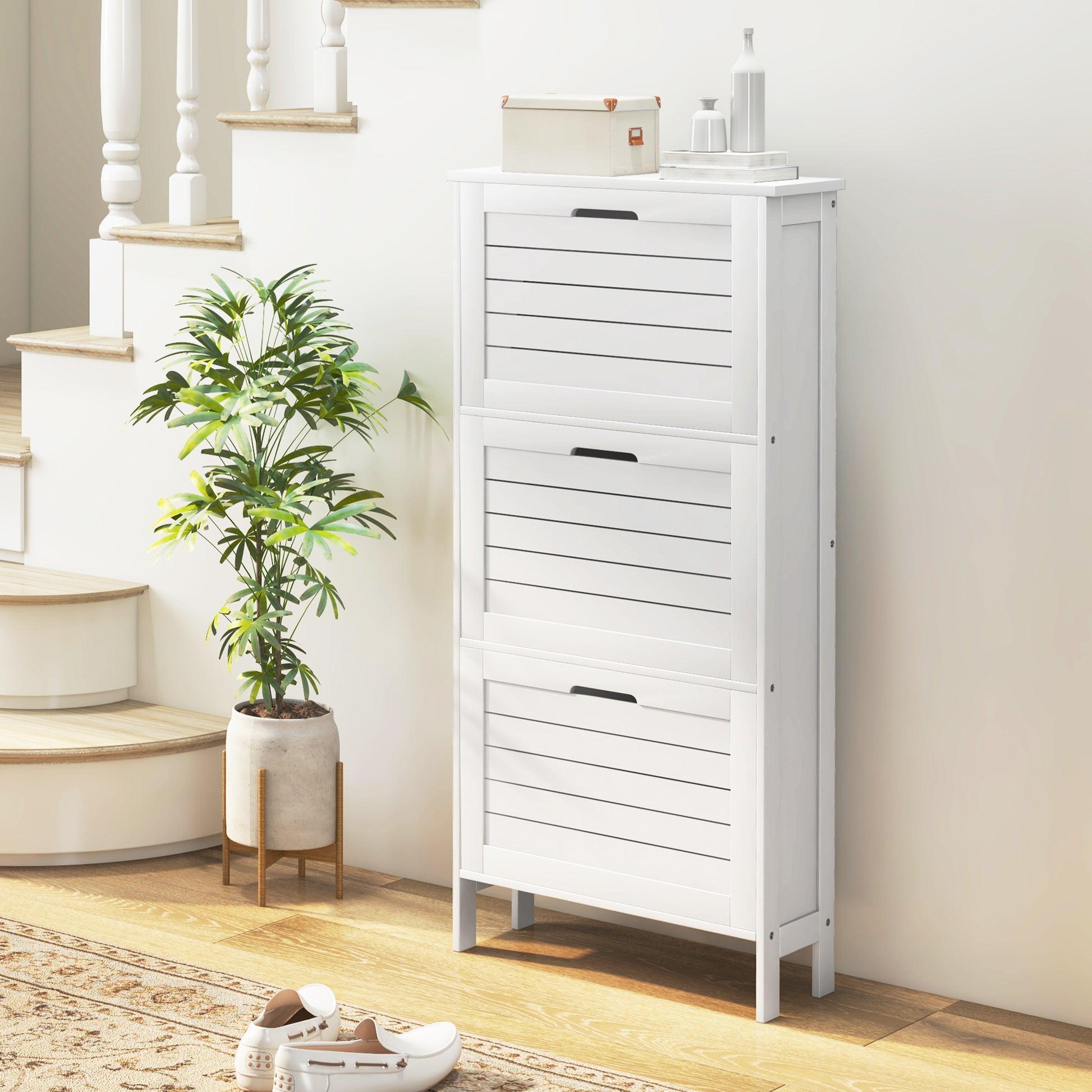 Narrow Shoe Storage Cabinet For Entryway With 3 Flip Drawers, Slim Shoe Rack Organizer With Louvered Doors For 6 Pairs Of Shoes, White White Mdf