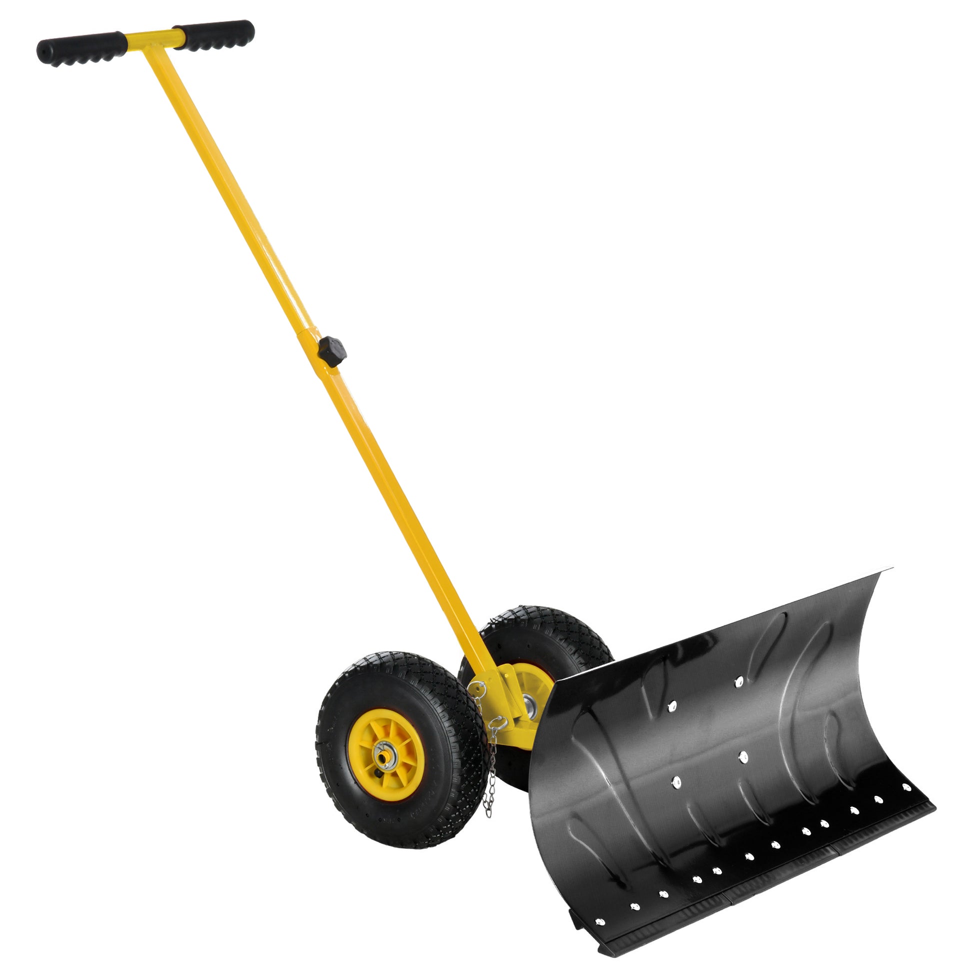 Snow Shovel With Wheels, Snow Pusher, Cushioned Adjustable Angle Handle Snow Removal Tool, 29" Blade, 10" Wheels, Yellow Yellow Steel