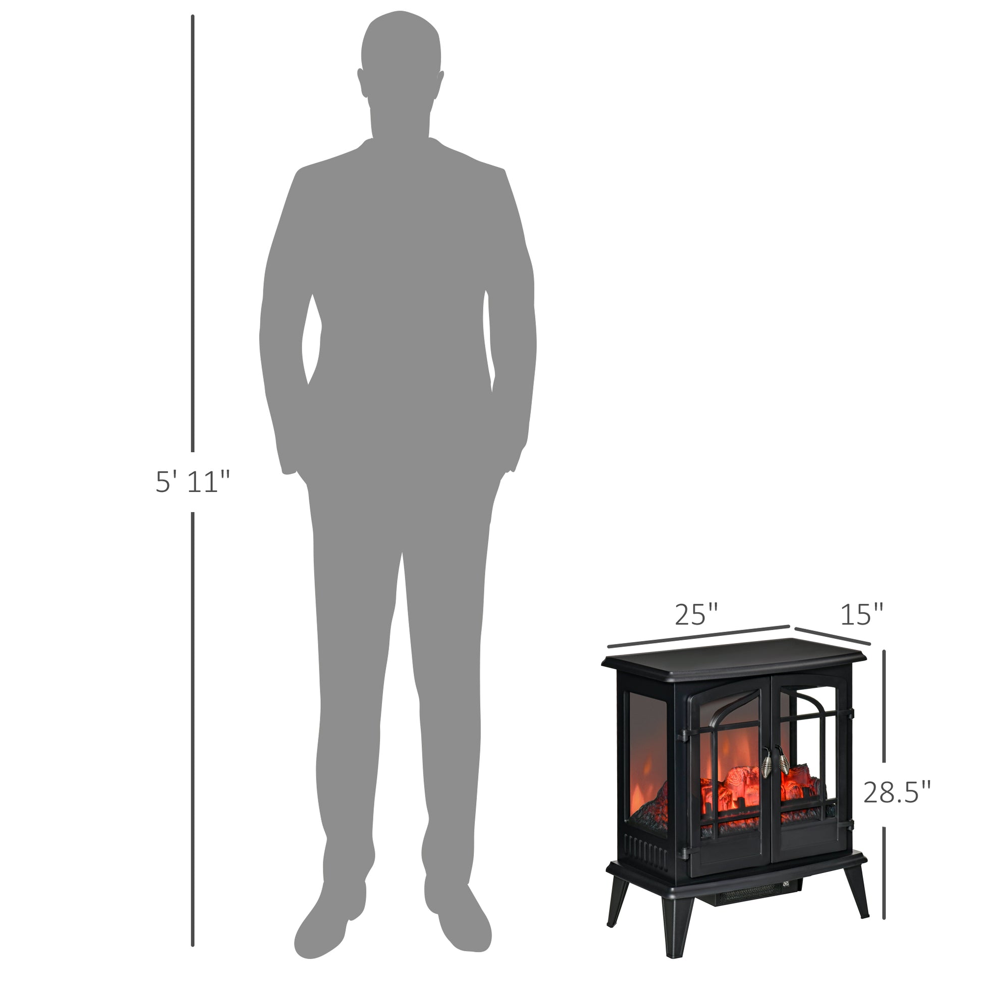 29" Electric Fireplace Heater, Freestanding Fire Place Stove With Realistic Led Log Flames And Overheating Safety Protection, 1400W, Black Black Steel