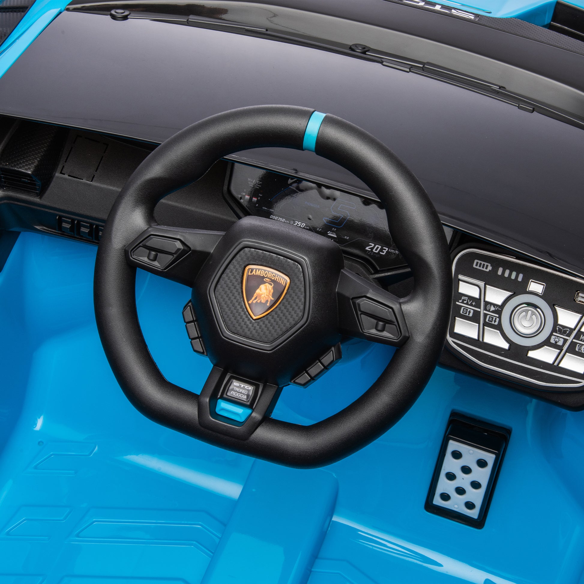 Lamborghini Huracan Sto 24V Kids Electric Ride On Drift Car: Speeds 1.86 5.59 Mph, Ages 3 8, Foam Front Wheels, 360 Spin, Led Lights, Dynamic Music, Early Learning, Usb Port, Drift Feature Blue