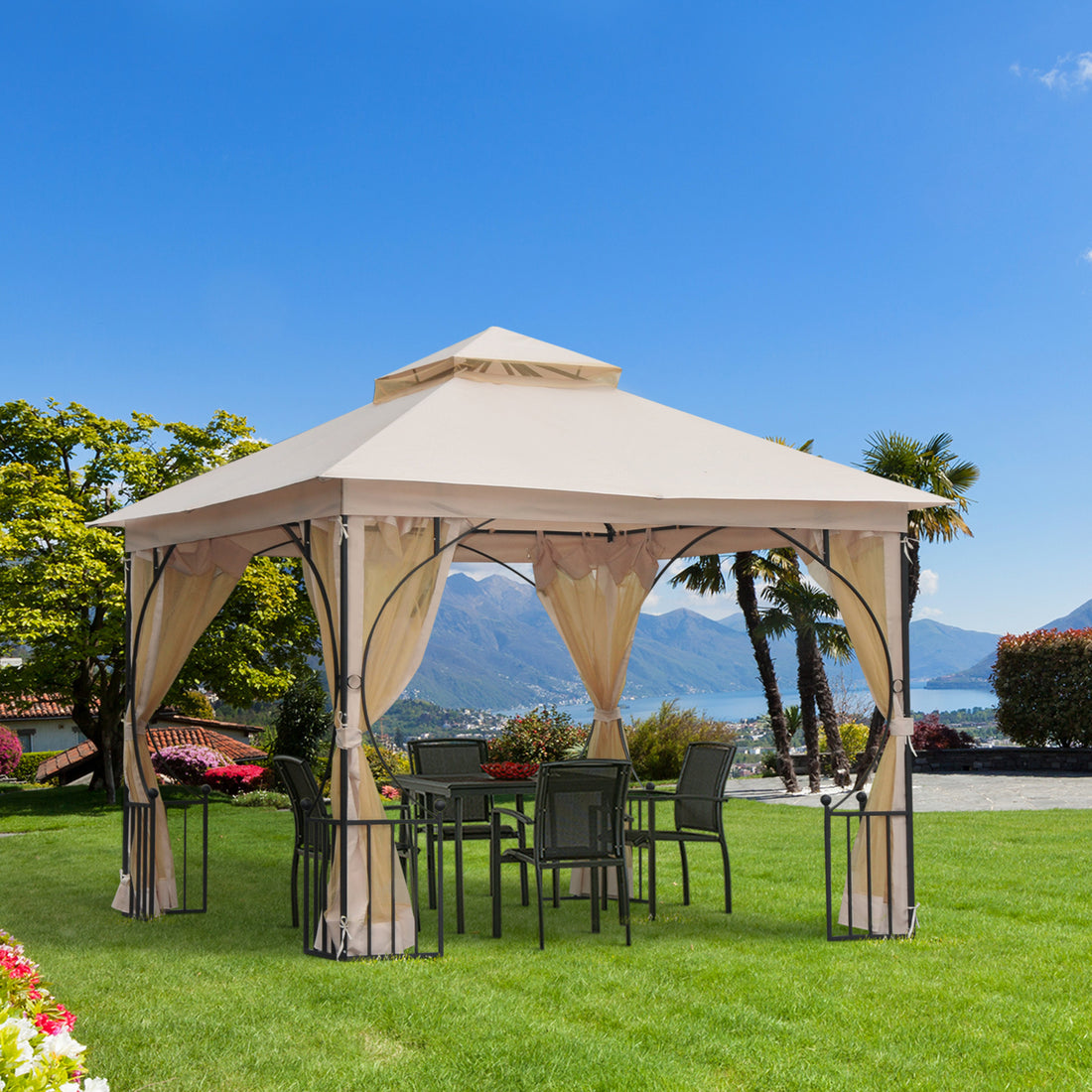 10' X 10' Patio Gazebo, Double Roof Outdoor Gazebo Canopy Shelter With Netting, Steel Corner Frame For Garden, Lawn, Backyard And Deck, Beige Beige Steel