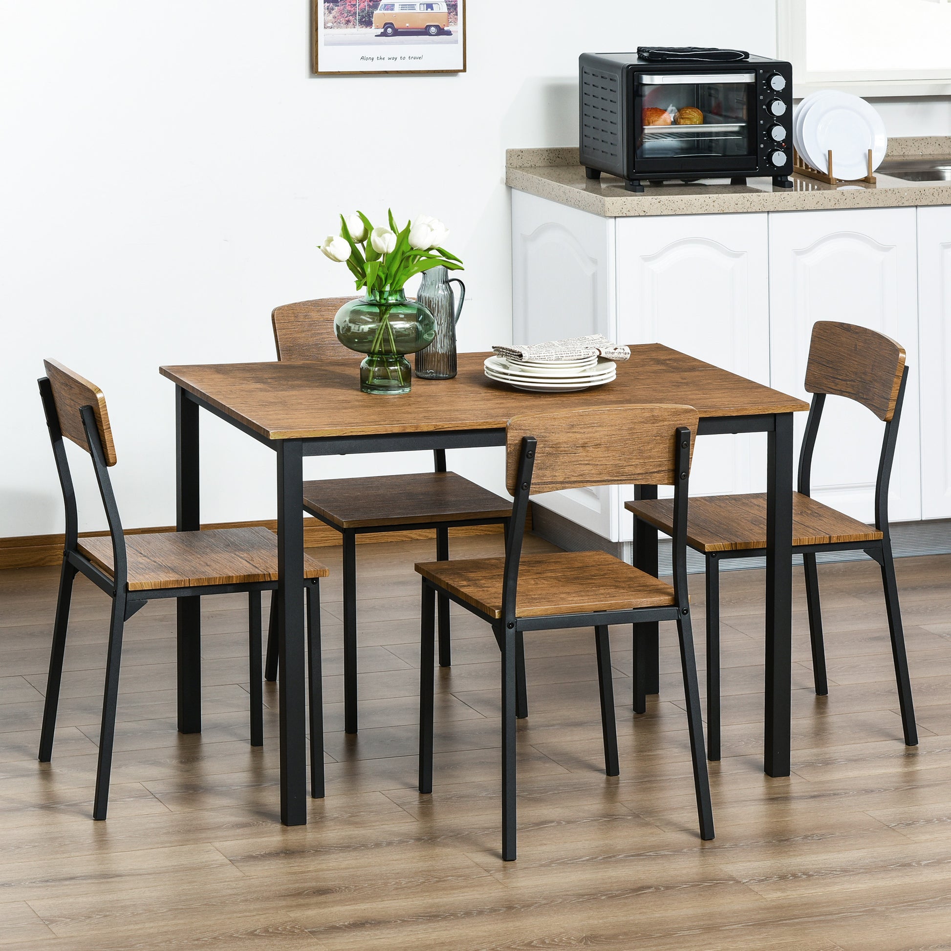 5 Piece Industrial Dining Table Set For 4, Rectangular Kitchen Table And Chairs, Dining Room Set For Small Space Rustic Brown Mdf Steel