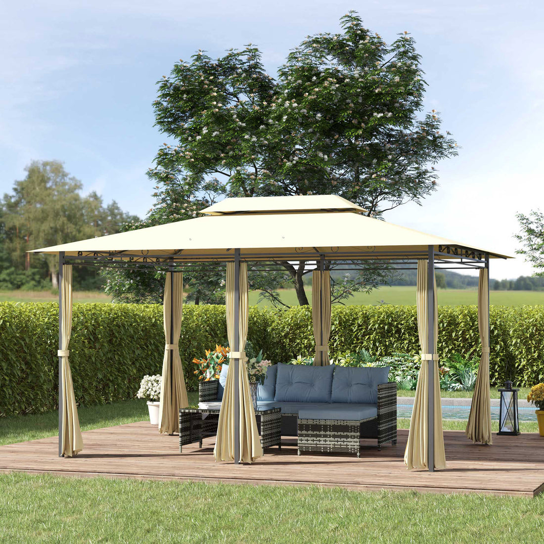 10' X 13' Patio Gazebo, Outdoor Gazebo Canopy Shelter With Curtains, Vented Roof, All Weather Steel Frame, For Garden, Lawn, Backyard And Deck, Cream White White Steel