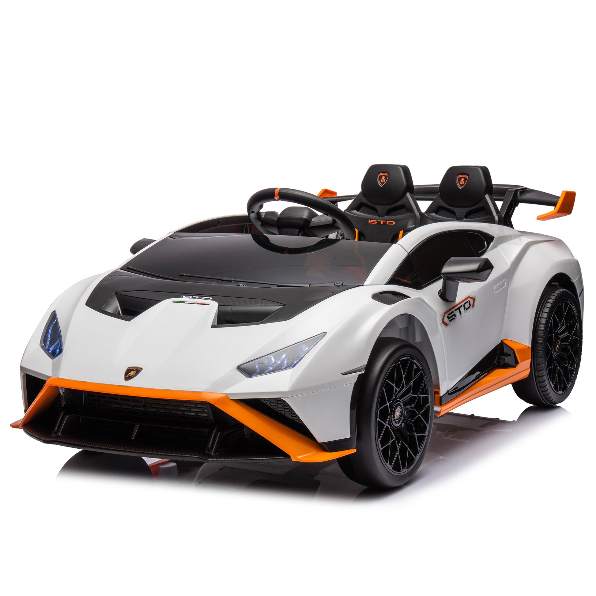 Lamborghini Huracan Sto 24V Kids Electric Ride On Drift Car: Speeds 1.86 5.59 Mph, Ages 3 8, Foam Front Wheels, 360 Spin, Led Lights, Dynamic Music, Early Learning, Usb Port, Drift Feature White Polypropylene