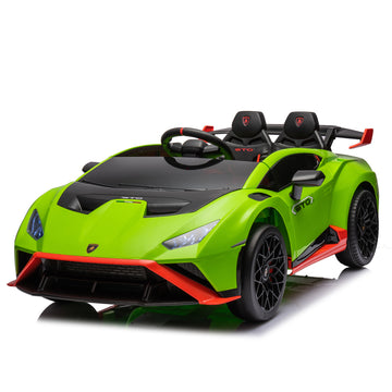 Lamborghini Huracan Sto 24V Kids Electric Ride On Drift Car: Speeds 1.86 5.59 Mph, Ages 3 8, Foam Front Wheels, 360 Spin, Led Lights, Dynamic Music, Early Learning, Usb Port, Drift Feature Green Polypropylene