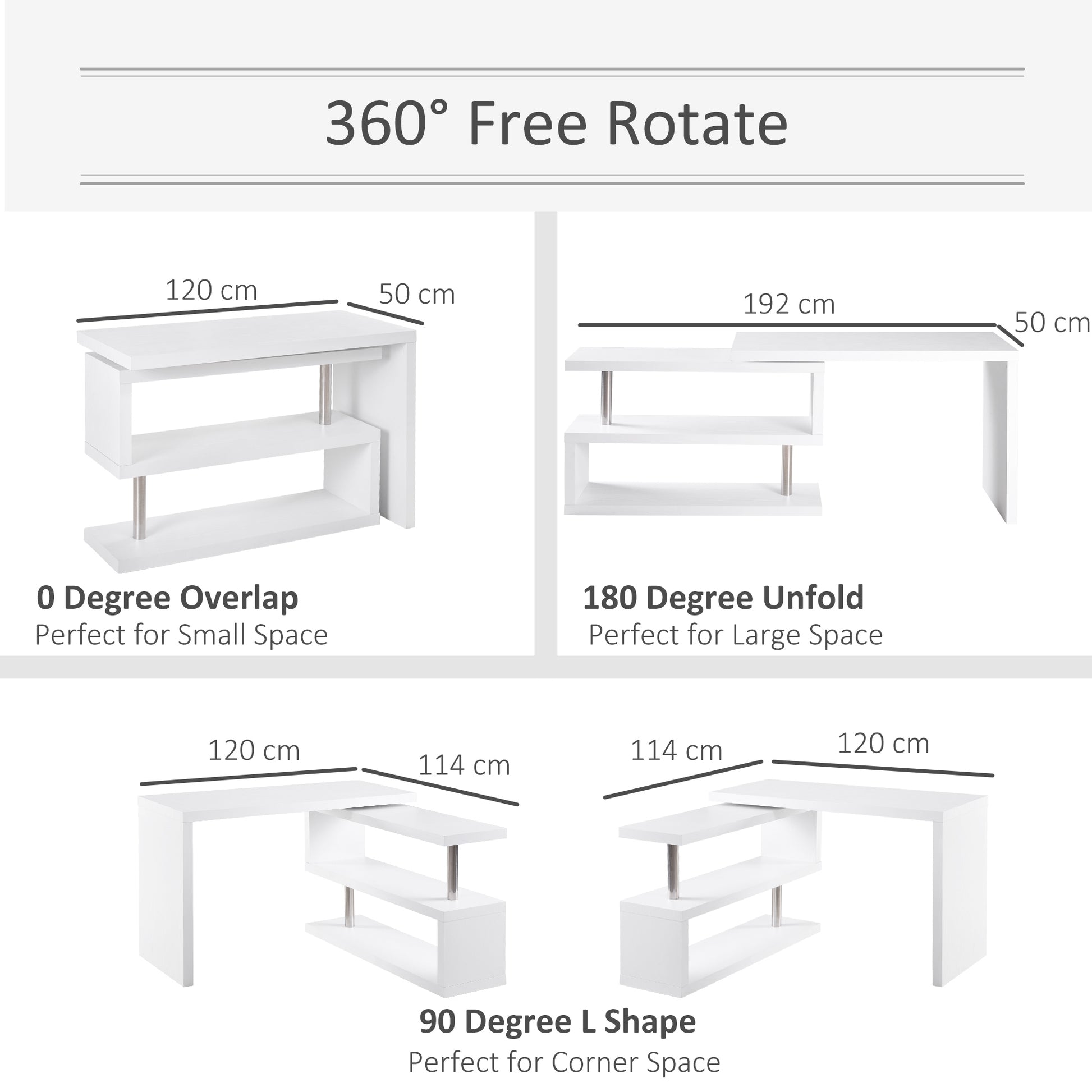 360 Degree Rotating Corner Computer Desk, L Shaped Desk, Home Office Workstation With 3 Tier Storage Shelves, White White Stainless Steel