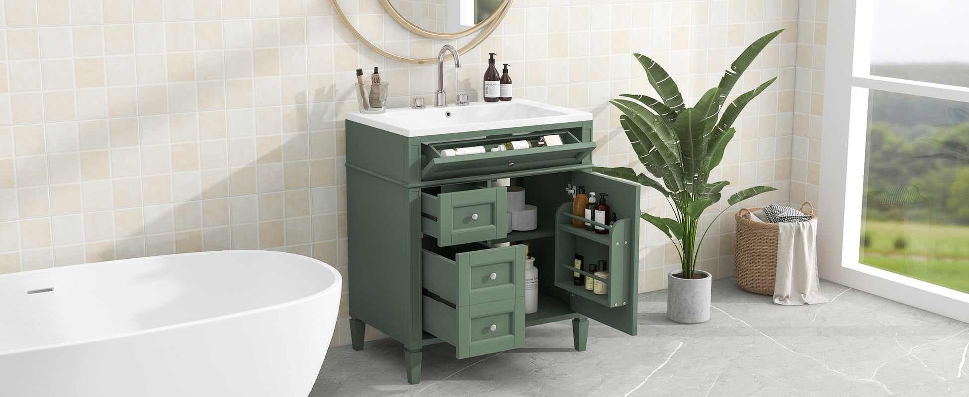 30'' Bathroom Vanity With Top Sink, Modern Bathroom Storage Cabinet With 2 Drawers And A Tip Out Drawer, Single Sink Bathroom Vanity Same As Sw000103Aaf Green Mdf