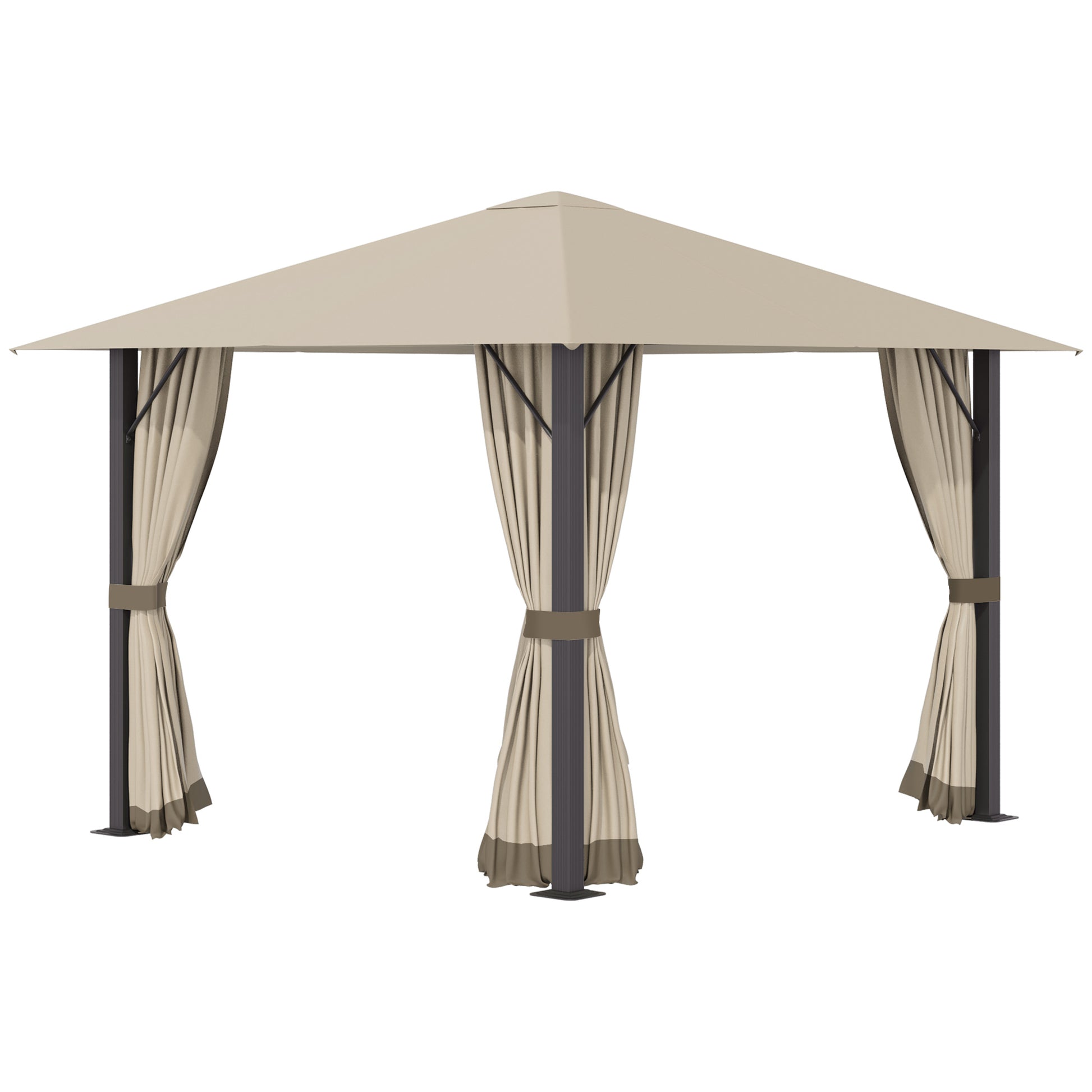 10' X 10' Patio Gazebo Aluminum Frame Outdoor Canopy Shelter With Sidewalls, Vented Roof For Garden, Lawn, Backyard, And Deck, Khaki Brown Aluminium