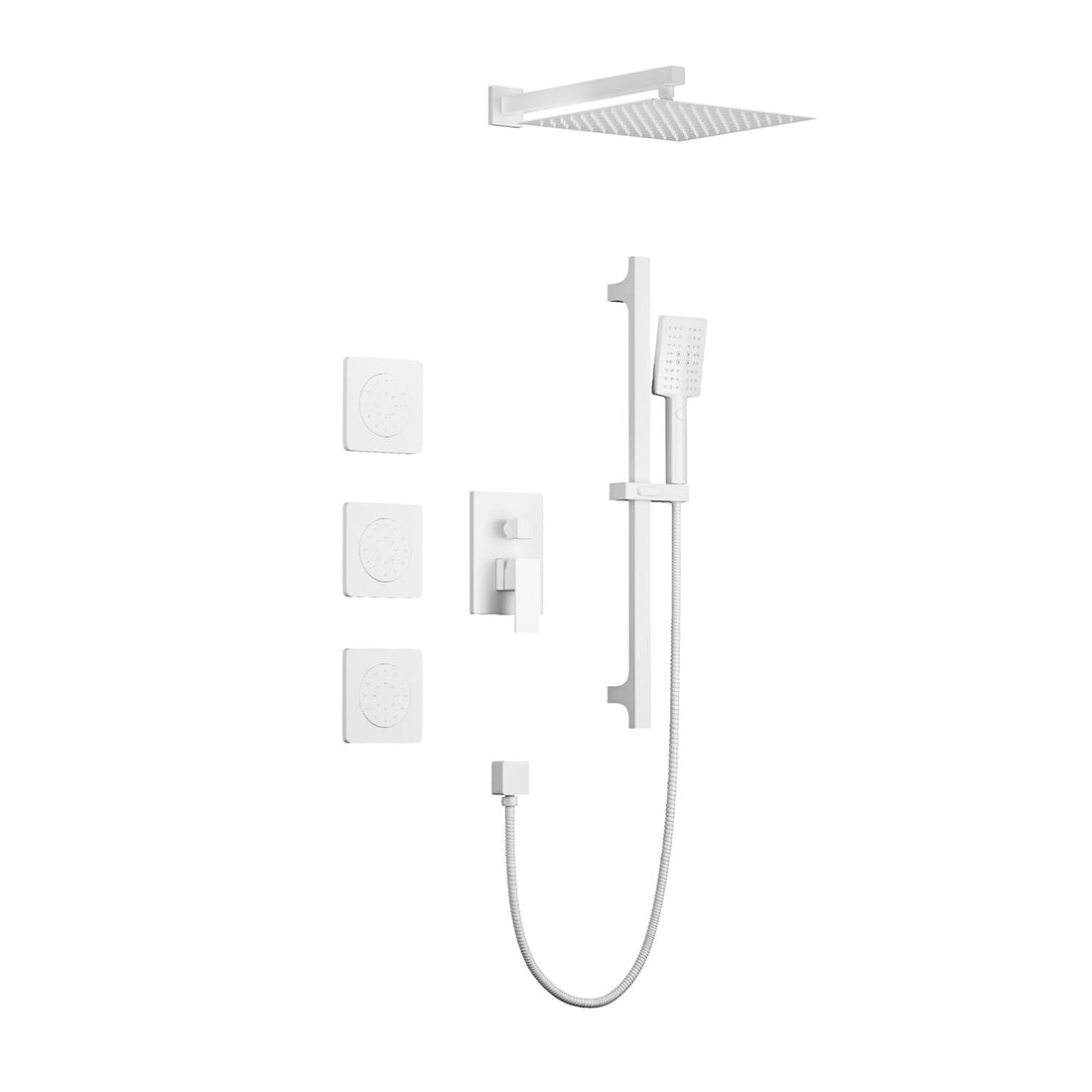 Shower System With Shower Head, Hand Shower, Slide Bar, Bodysprays, Shower Arm, Hose, Valve Trim, And Lever Handles White Wall Mounted Bathroom Brass