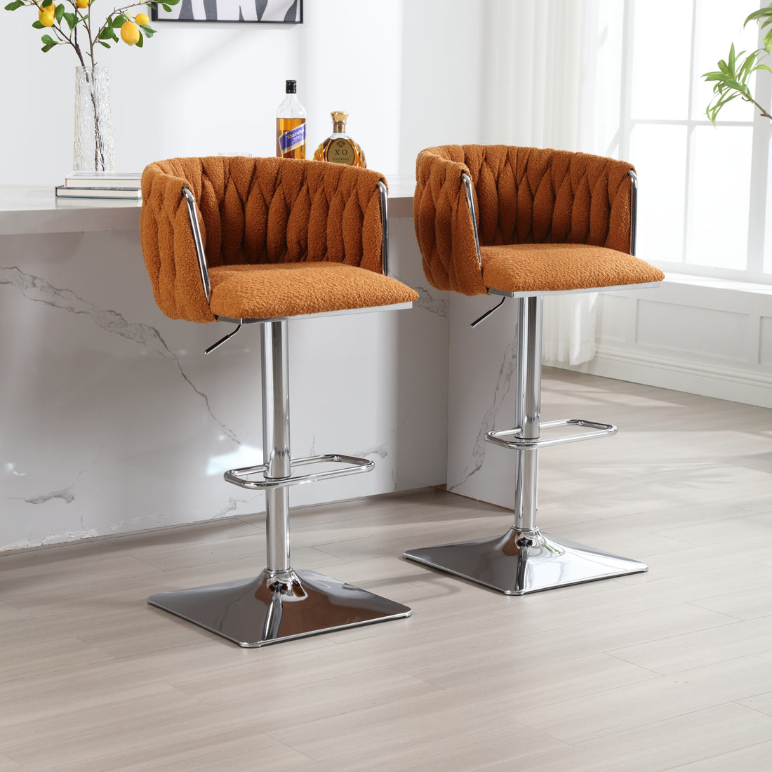 Coolmore Vintage Bar Stools With Back And Footrest Counter Height Dining Chairs 2Pc Set Orange Boucle