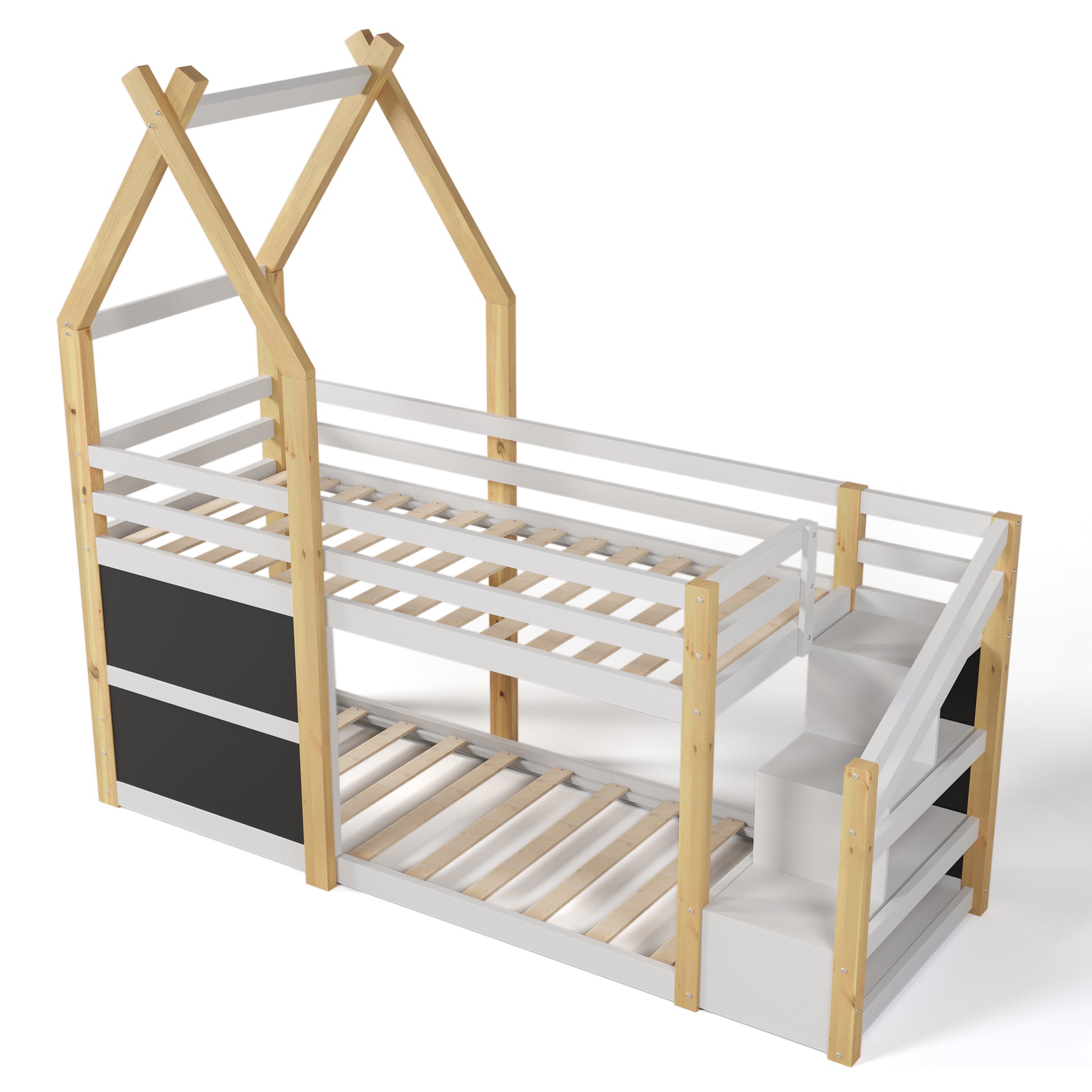 Twin Over Twin House Bunk Bed With White Storage Staircase And 2 Blackboards, White And Natural Box Spring Not Required Twin White Bed Frame Pine