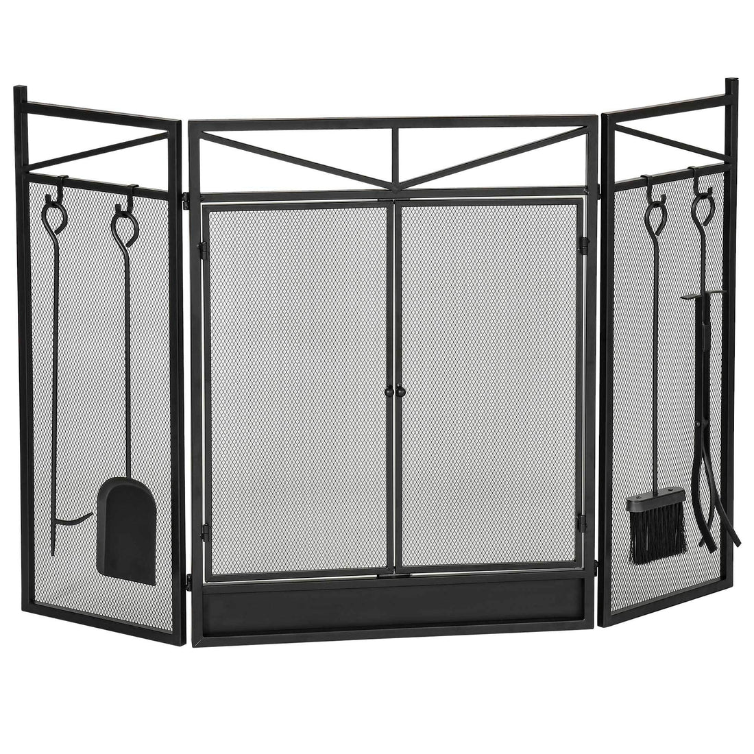 3 Panel Folding Fireplace Screen With 2 Magnetic Doors And Fire Place Tools Set, Fire Spark Guard For Wood Burning, With Brush, Shovel, Poker, Firewood Tongs, 48" X 0.75", Black Black Steel