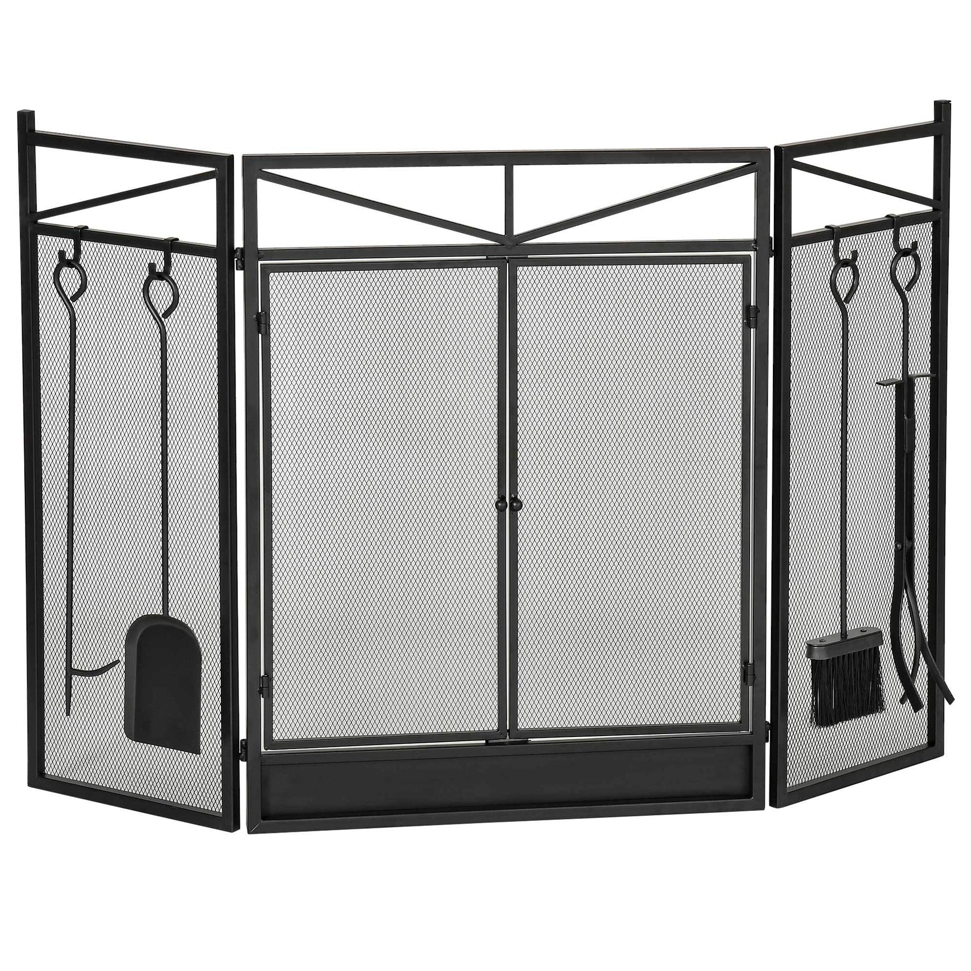 3 Panel Folding Fireplace Screen With 2 Magnetic Doors And Fire Place Tools Set, Fire Spark Guard For Wood Burning, With Brush, Shovel, Poker, Firewood Tongs, 48" X 0.75", Black Black Steel