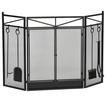 3 Panel Folding Fireplace Screen With 2 Magnetic Doors And Fire Place Tools Set, Fire Spark Guard For Wood Burning, With Brush, Shovel, Poker, Firewood Tongs, 48" X 0.75", Black Black Steel