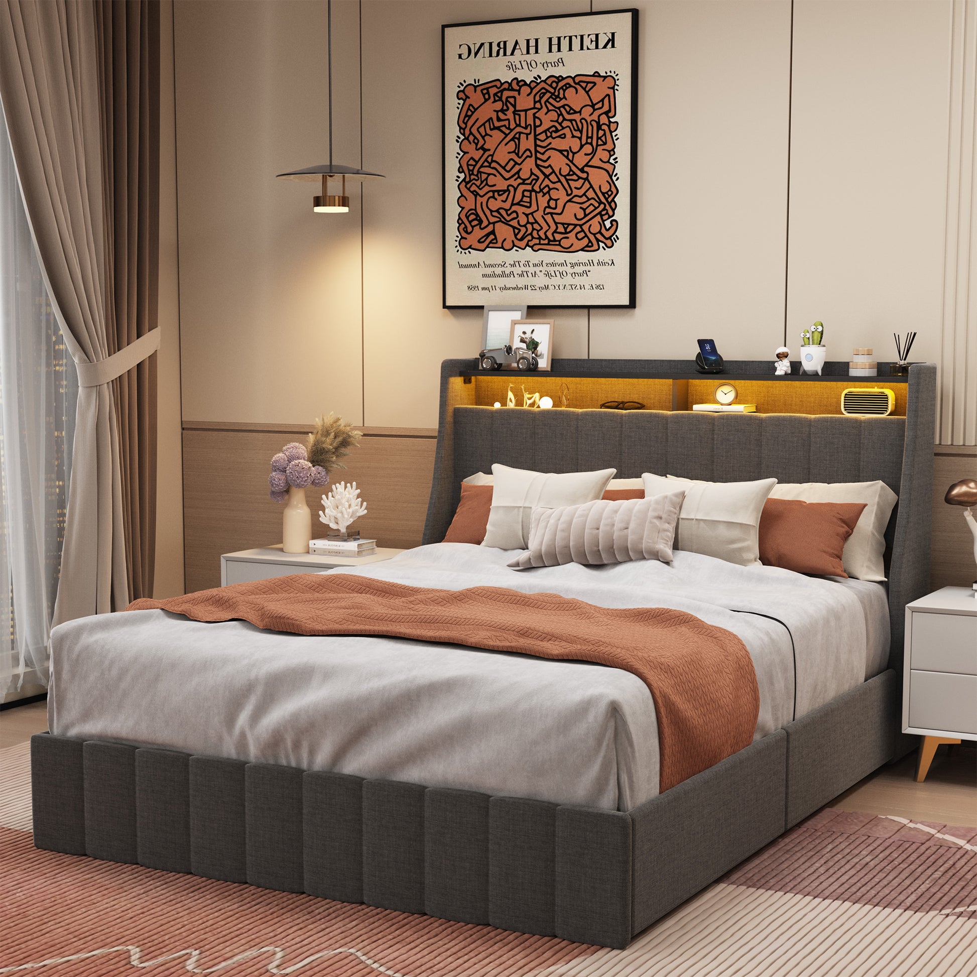 Queen Size Bed Frame With Led, 4 Under Bed Portable Storage Drawers, Wings Headboard Design, Dark Grey Box Spring Not Required Queen Dark Grey Metal Bedroom Bed Frame Upholstered Linen Upholstered