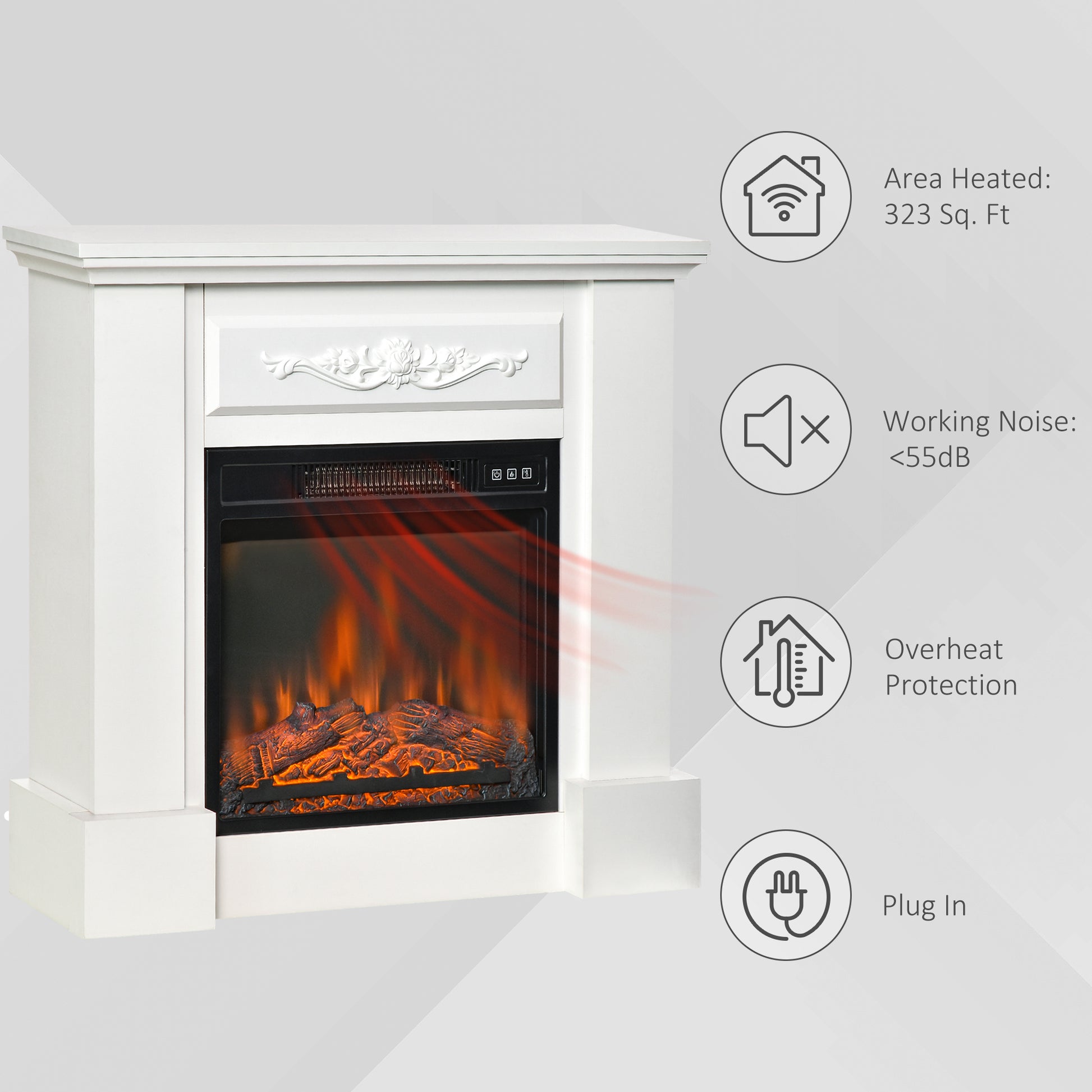 32" Electric Fireplace With Mantel, Freestanding Heater With Led Log Flame, Overheat Protection And Remote Control, 1400W, White White Steel