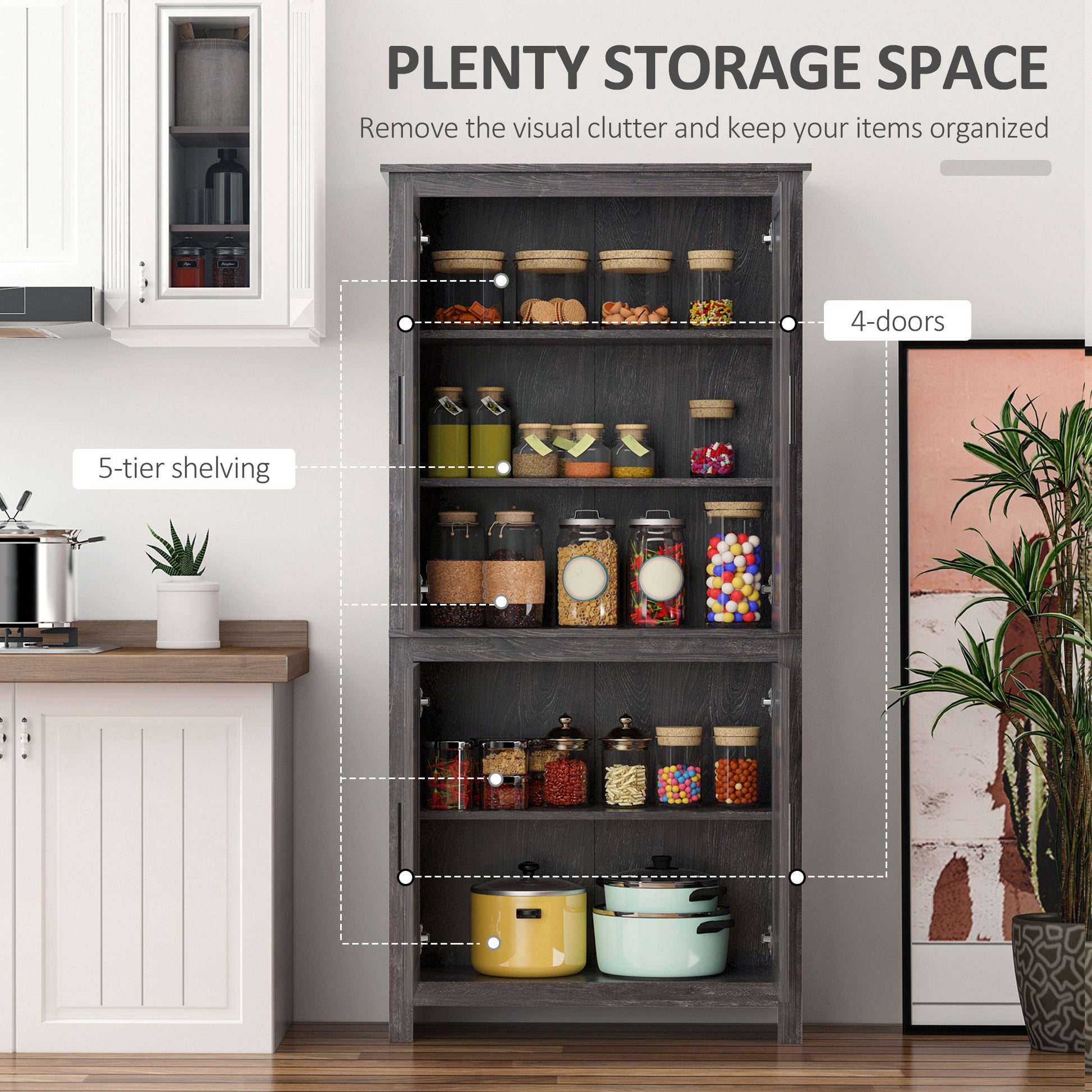 64" 4 Door Kitchen Pantry, Freestanding Storage Cabinet With 3 Adjustable Shelves For Kitchen, Dining Or Living Room, Grey Grey Particle Board