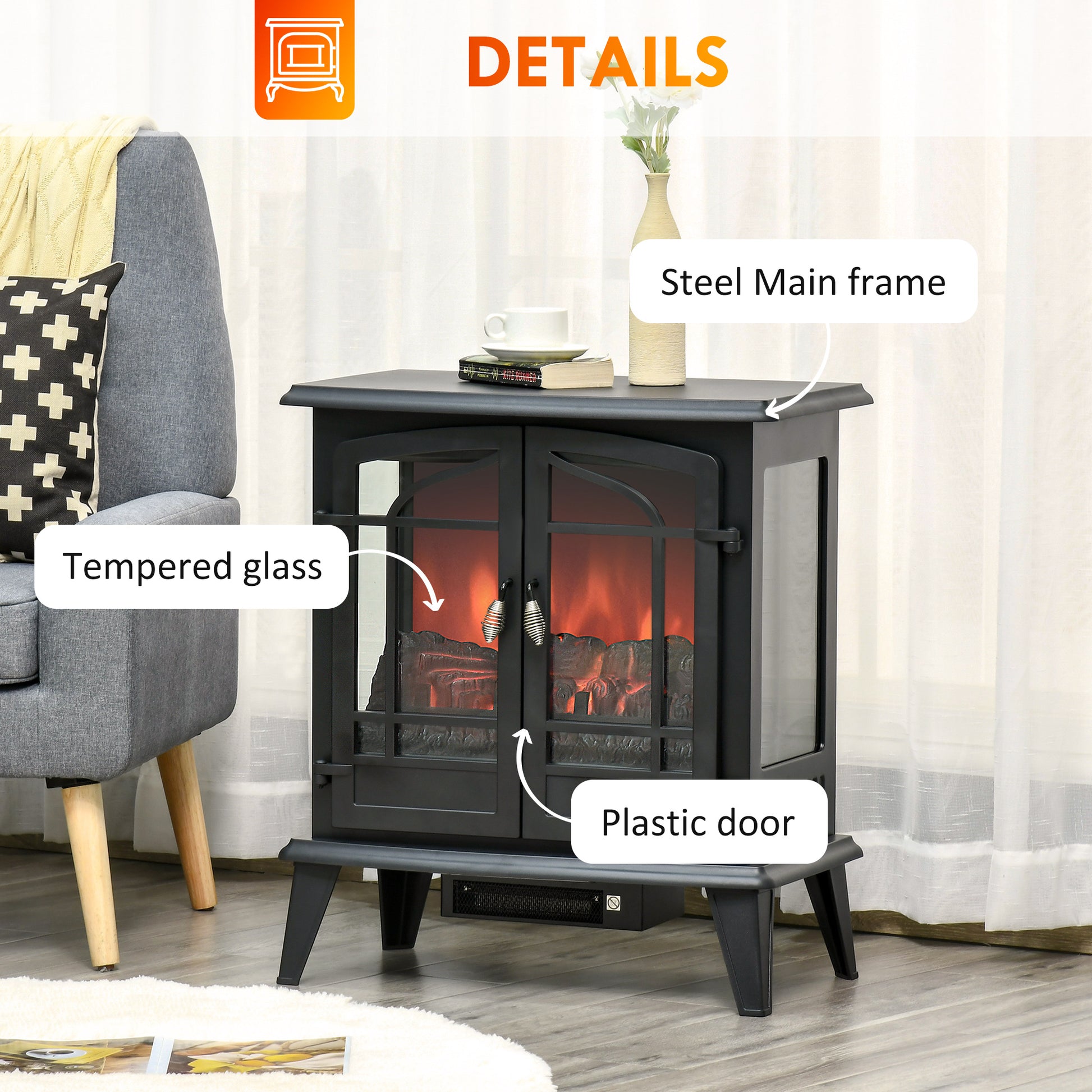 29" Electric Fireplace Heater, Freestanding Fire Place Stove With Realistic Led Log Flames And Overheating Safety Protection, 1400W, Black Black Steel