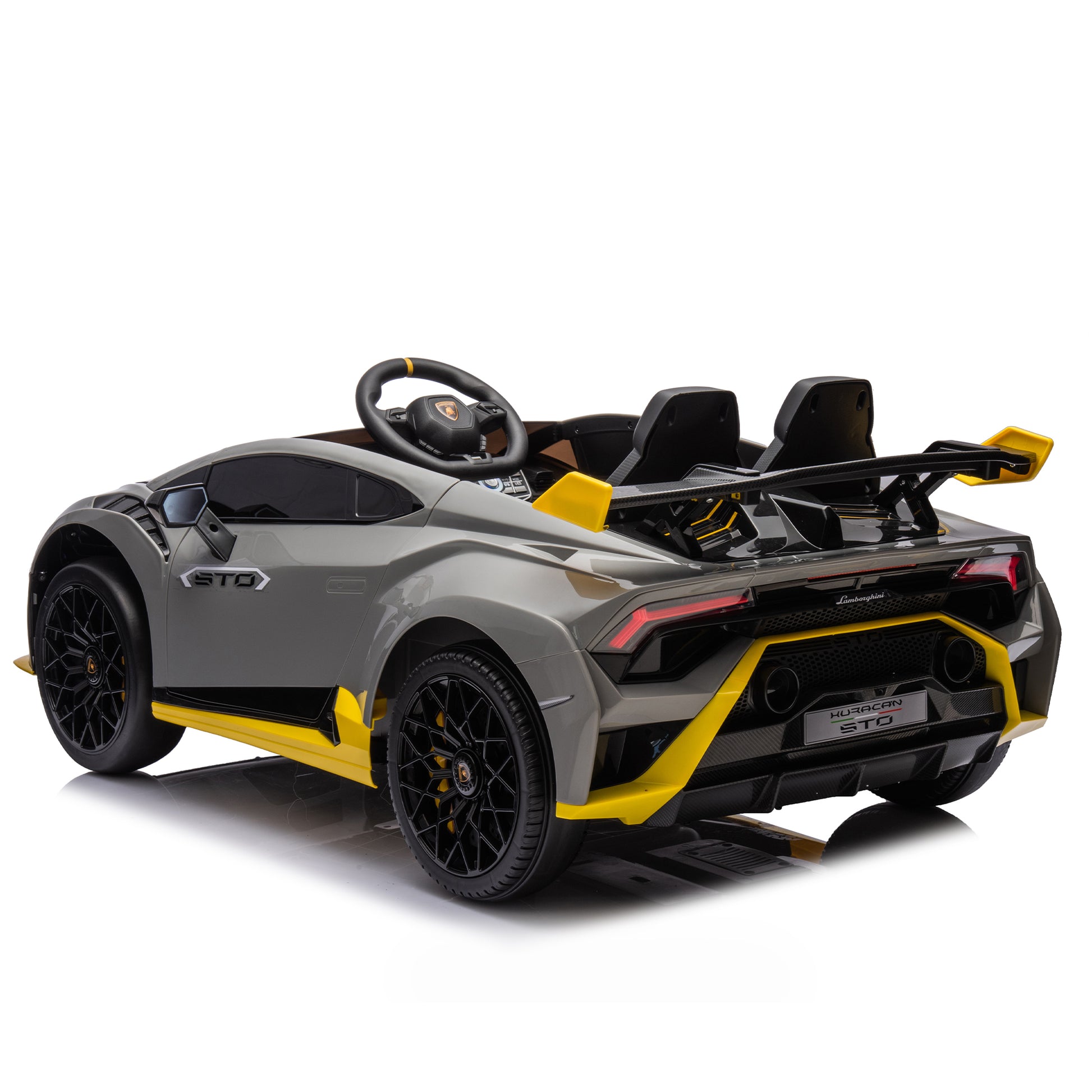 Lamborghini Huracan Sto 24V Kids Electric Ride On Drift Car: Speeds 1.86 5.59 Mph, Ages 3 8, Foam Front Wheels, 360 Spin, Led Lights, Dynamic Music, Early Learning, Usb Port, Drift Feature Gray Polypropylene