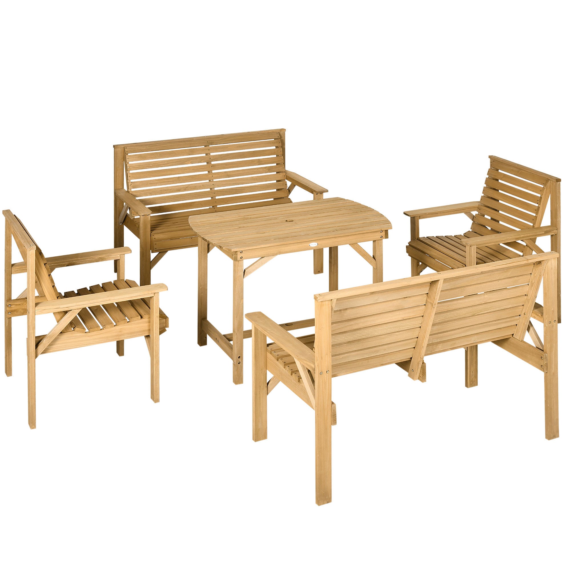 5 Piece Wooden Patio Dining Set For 6, Outdoor Conversation Set With 2 Armchairs, 2 Loveseats, And Dining Table With Umbrella Hole For Backyard, Garden, Light Brown Brown Wood