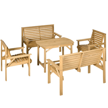 5 Piece Wooden Patio Dining Set For 6, Outdoor Conversation Set With 2 Armchairs, 2 Loveseats, And Dining Table With Umbrella Hole For Backyard, Garden, Light Brown Brown Wood