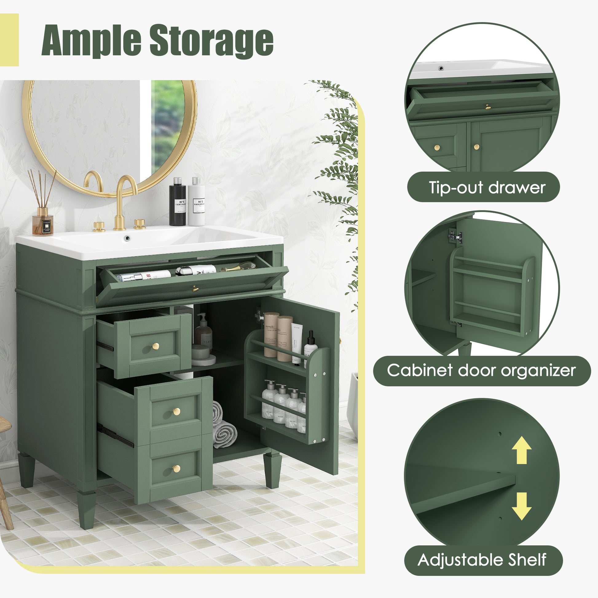 30'' Bathroom Vanity With Top Sink, Modern Bathroom Storage Cabinet With 2 Drawers And A Tip Out Drawer, Single Sink Bathroom Vanity Same As Sw000103Aaf Green Mdf
