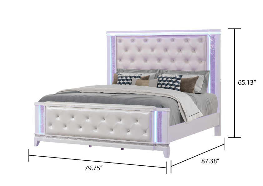 Opium King 5 Pc Bedroom Set In Milky White Box Spring Required King White Wood 5 Piece Set Bedroom Bed Included,Chest Included,Dresser Included,Mirror Included,Nightstand Included Contemporary,Modern Upholstered Built In Lighting Wood