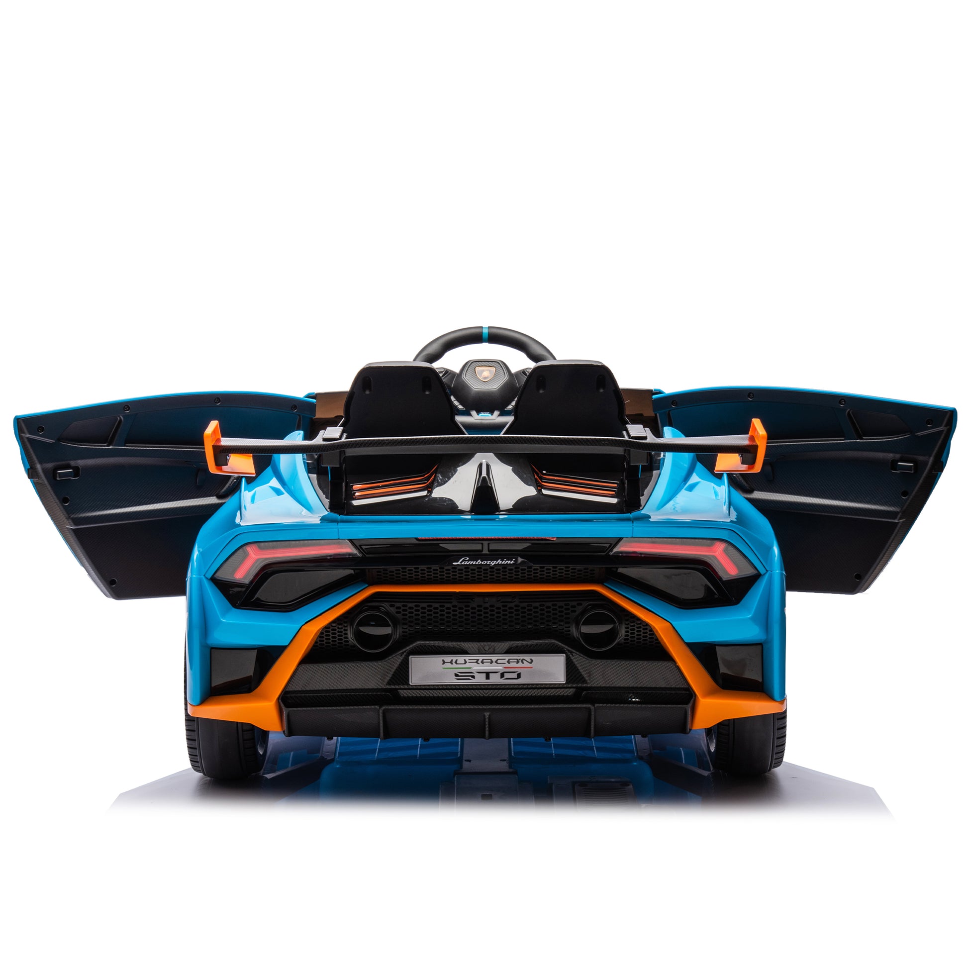 Lamborghini Huracan Sto 24V Kids Electric Ride On Drift Car: Speeds 1.86 5.59 Mph, Ages 3 8, Foam Front Wheels, 360 Spin, Led Lights, Dynamic Music, Early Learning, Usb Port, Drift Feature Blue