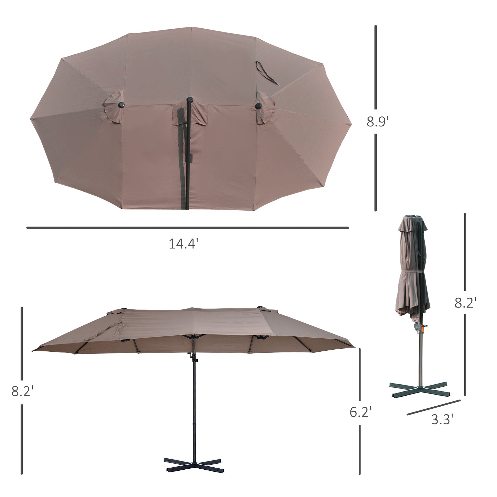 14Ft Patio Umbrella Double Sided Outdoor Market Extra Large Umbrella With Crank, Cross Base For Deck, Lawn, Backyard And Pool, Brown Brown Steel