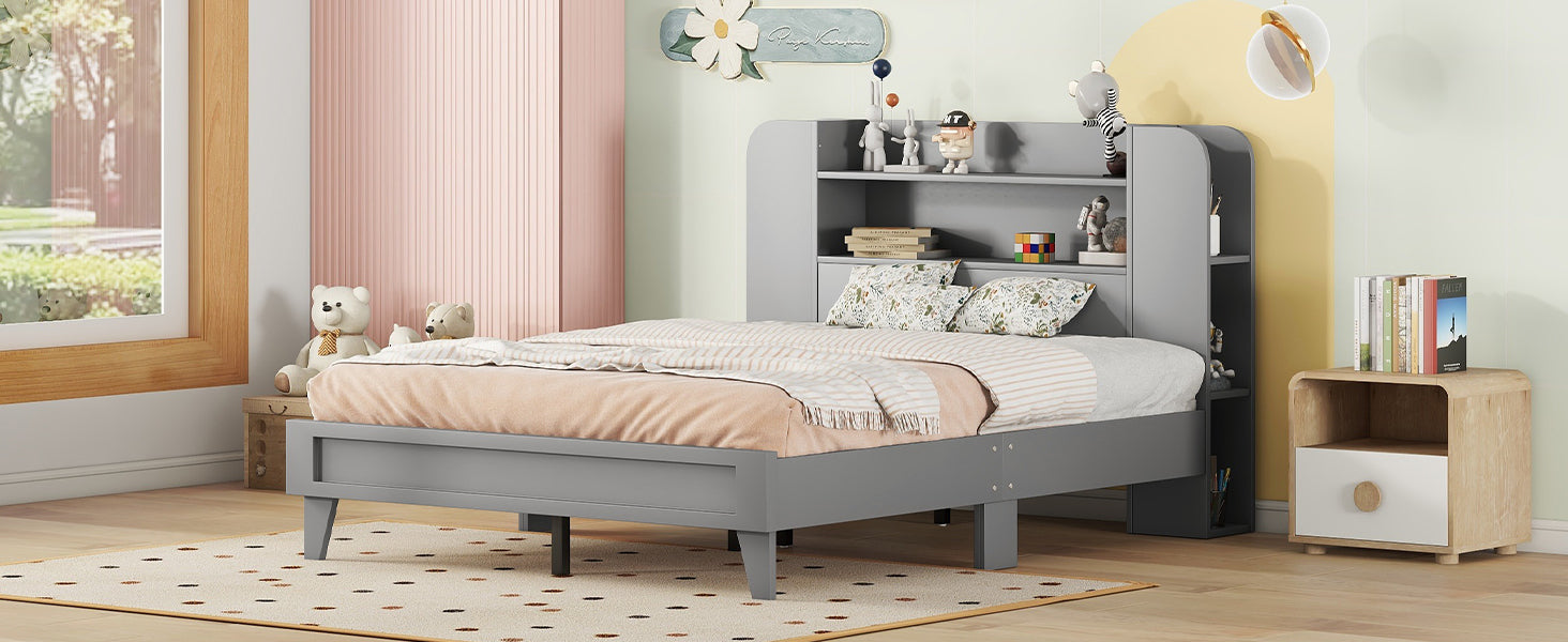 Full Size Platform Bed With Storage Headboard,Multiple Storage Shelves On Both Sides,Grey Grey Wood