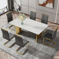 Modern Minimalist Dining Table. The White Imitation Marble Glass Desktop Is Equipped With Golden Metal Legs. Suitable For Restaurants And Living Rooms 71 
