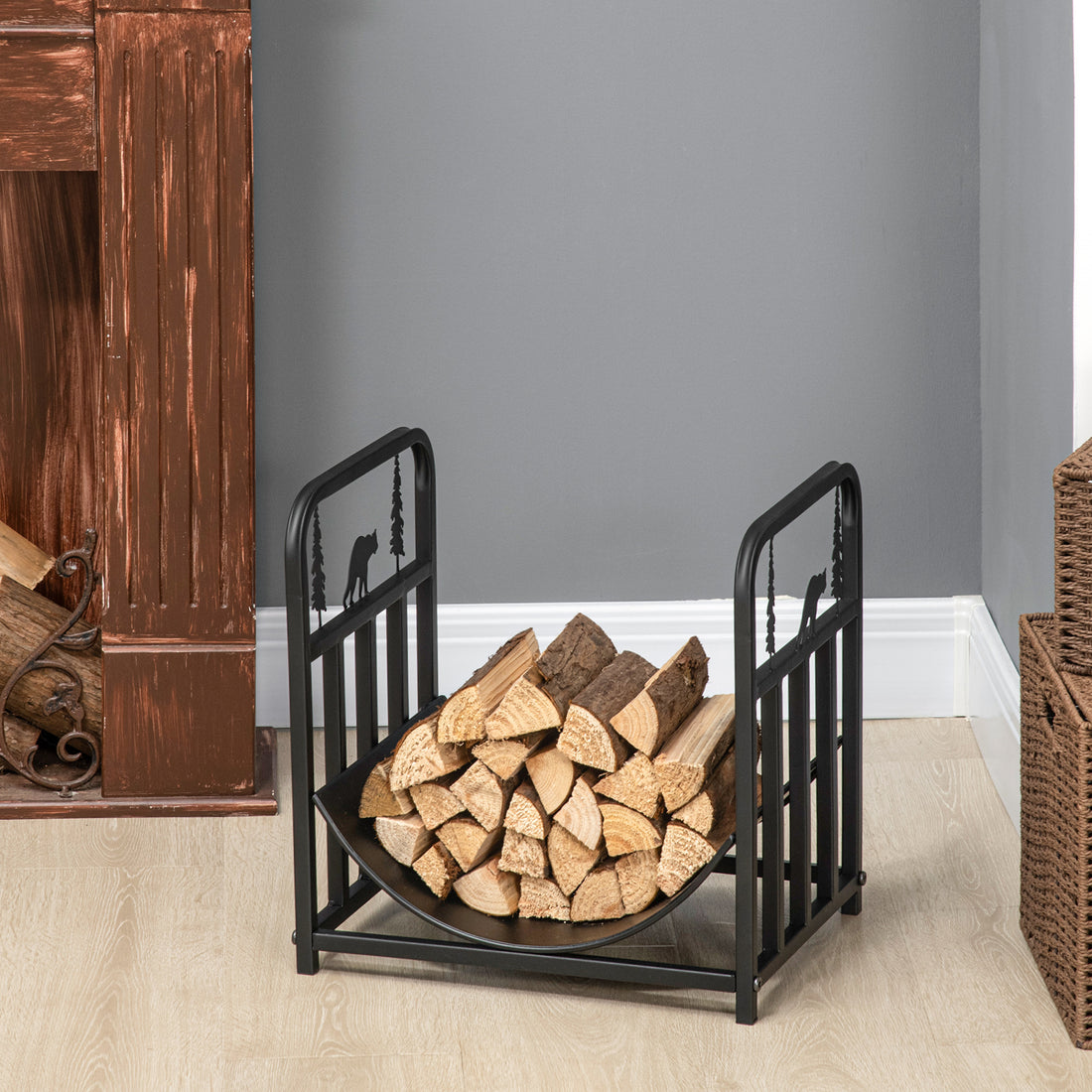 Firewood Rack With Fireplace Tools, Indoor Outdoor Firewood Holder, Curved Bottom With 1 Tier For Fireplace, Wood Stove, Hearth Or Fire Pit, Black Black Steel