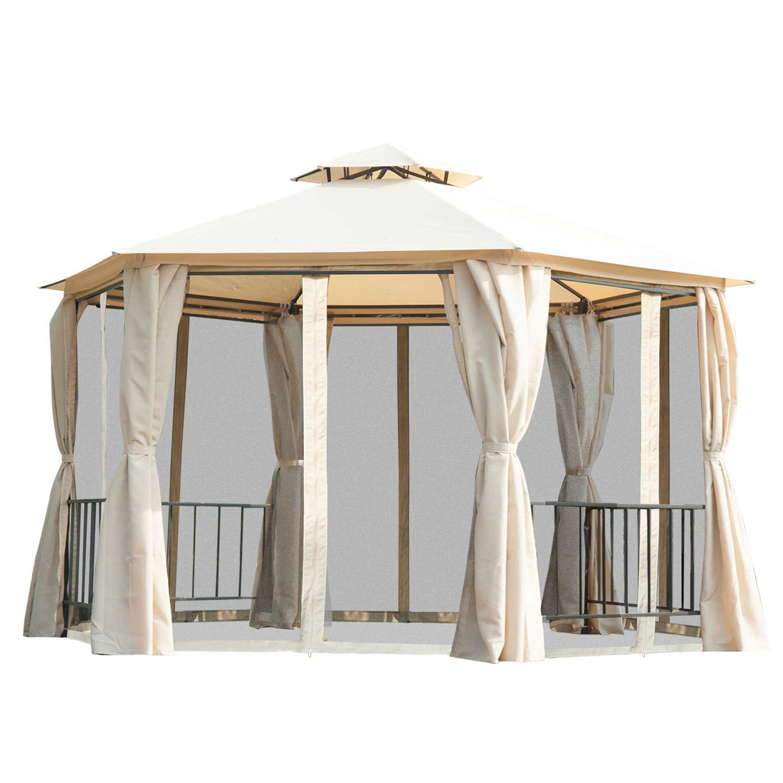 13' X 13' Patio Gazebo, Double Roof Hexagon Outdoor Gazebo Canopy Shelterwith Netting & Curtains, Solid Steel Frame For Garden, Lawn, Backyard And Deck, Beige Beige Steel