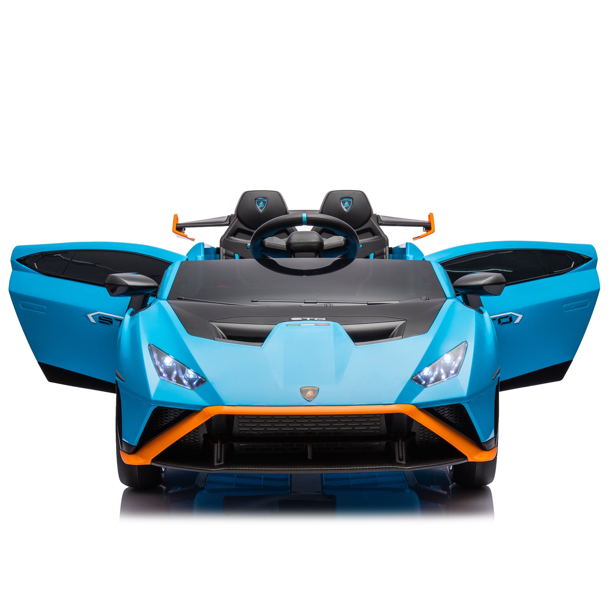 Lamborghini Huracan Sto 24V Kids Electric Ride On Drift Car: Speeds 1.86 5.59 Mph, Ages 3 8, Foam Front Wheels, 360 Spin, Led Lights, Dynamic Music, Early Learning, Usb Port, Drift Feature Blue